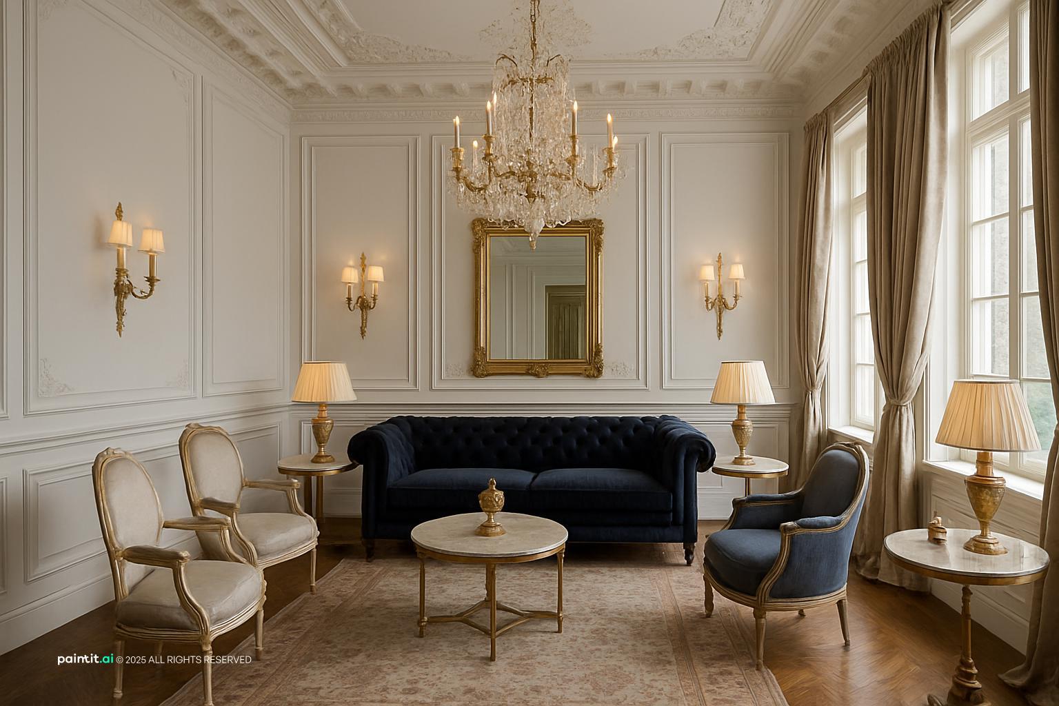 White paneled living room with a navy velvet sofa, a chandelier and a round side table