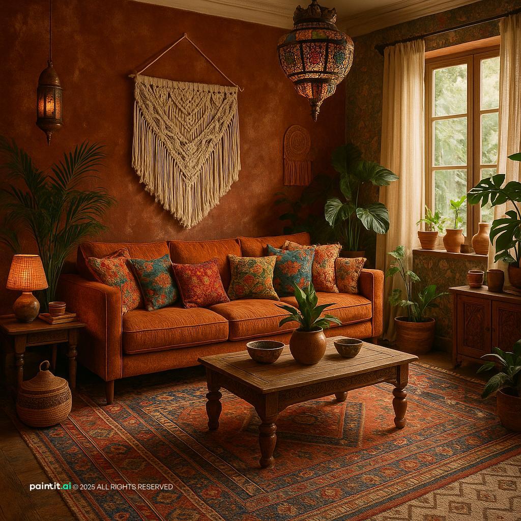 Vibrant Bohemian Living Room with Rattan Accents for Bohemian Style Interior Design Characteristics