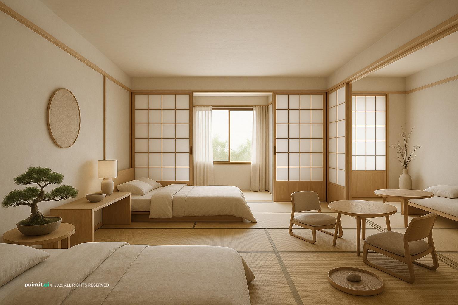 Japanese-style room with shoji sliding screens, a low platform bed, low wooden chairs, a round table and a bonsai
