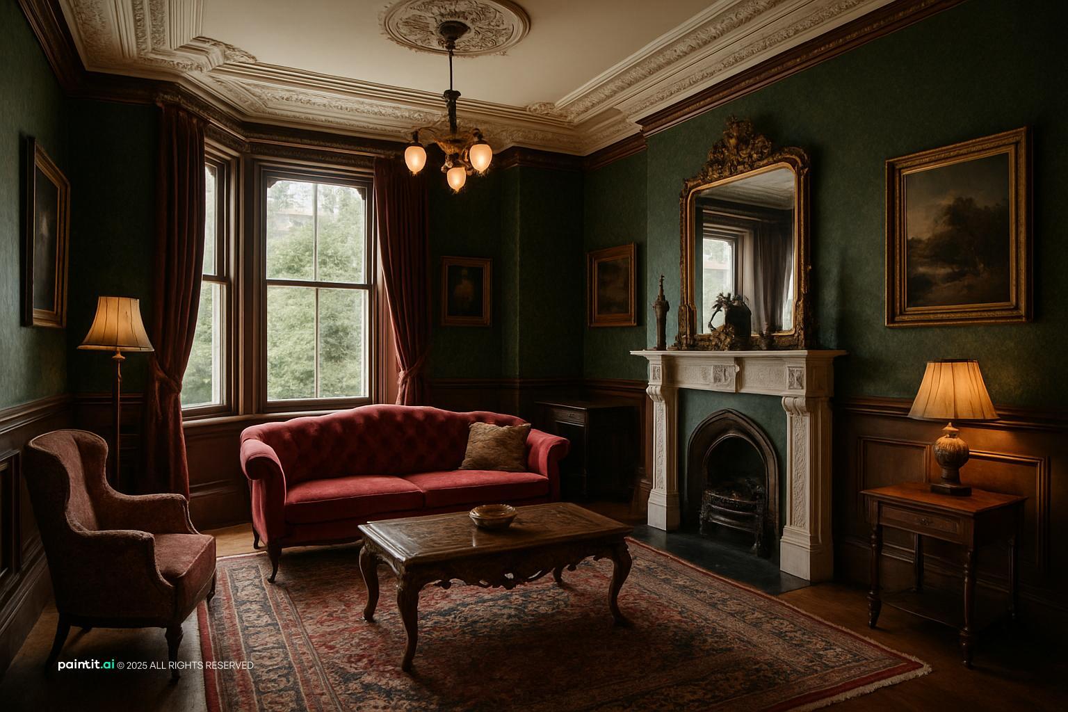 Victorian living room with deep green walls, a red velvet sofa, a marble fireplace and a patterned rug