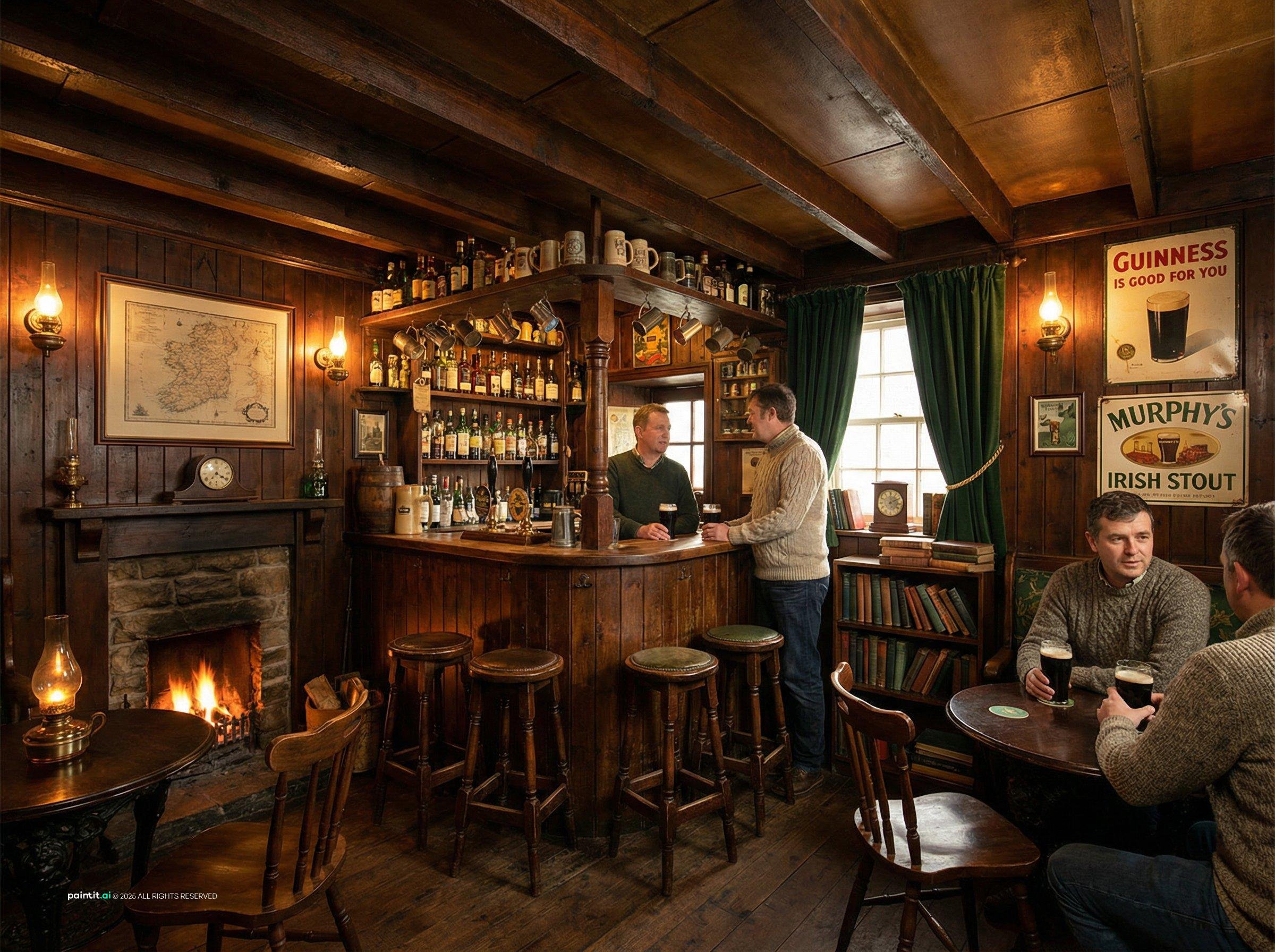 Small traditional Irish pub with dark wood paneling, a crowded back bar, a fireplace and guests at the counter