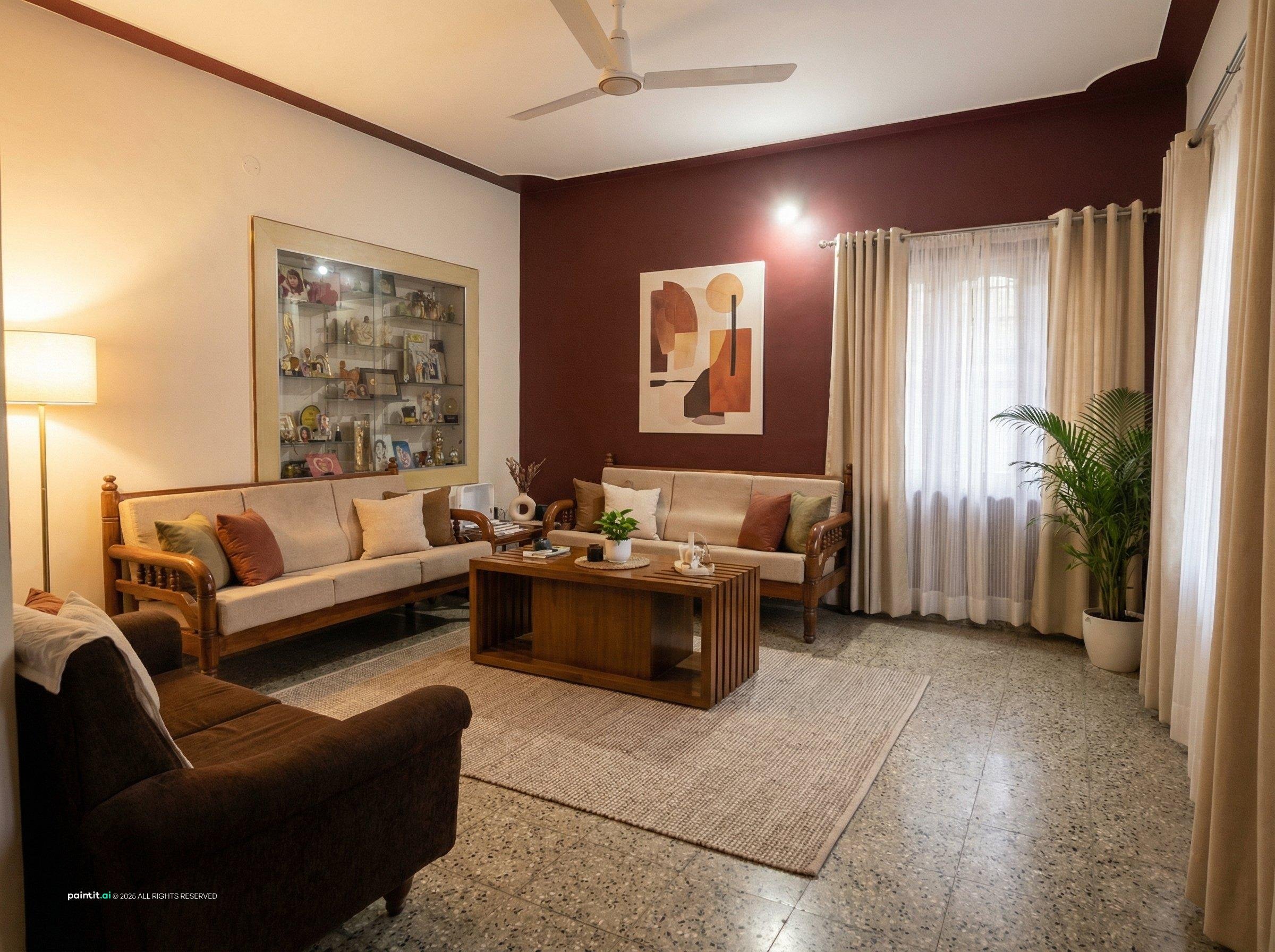 Living room with brown leather sofas, a maroon accent wall and framed art