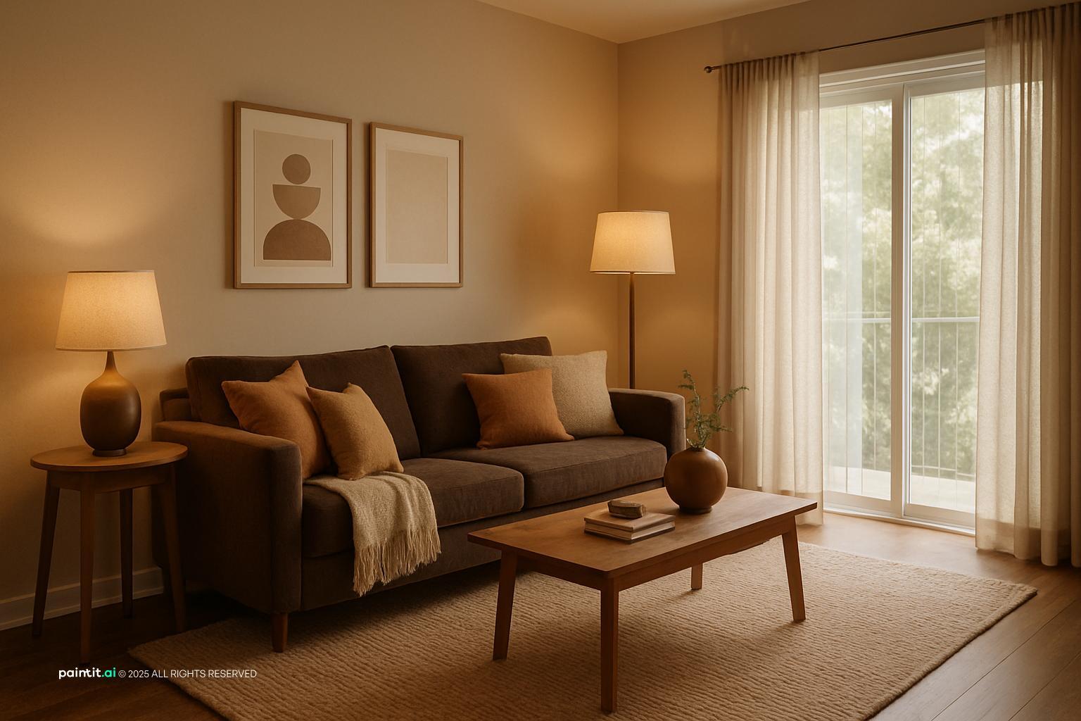 Cozy living room with two warm table lamps, a brown sofa and framed art
