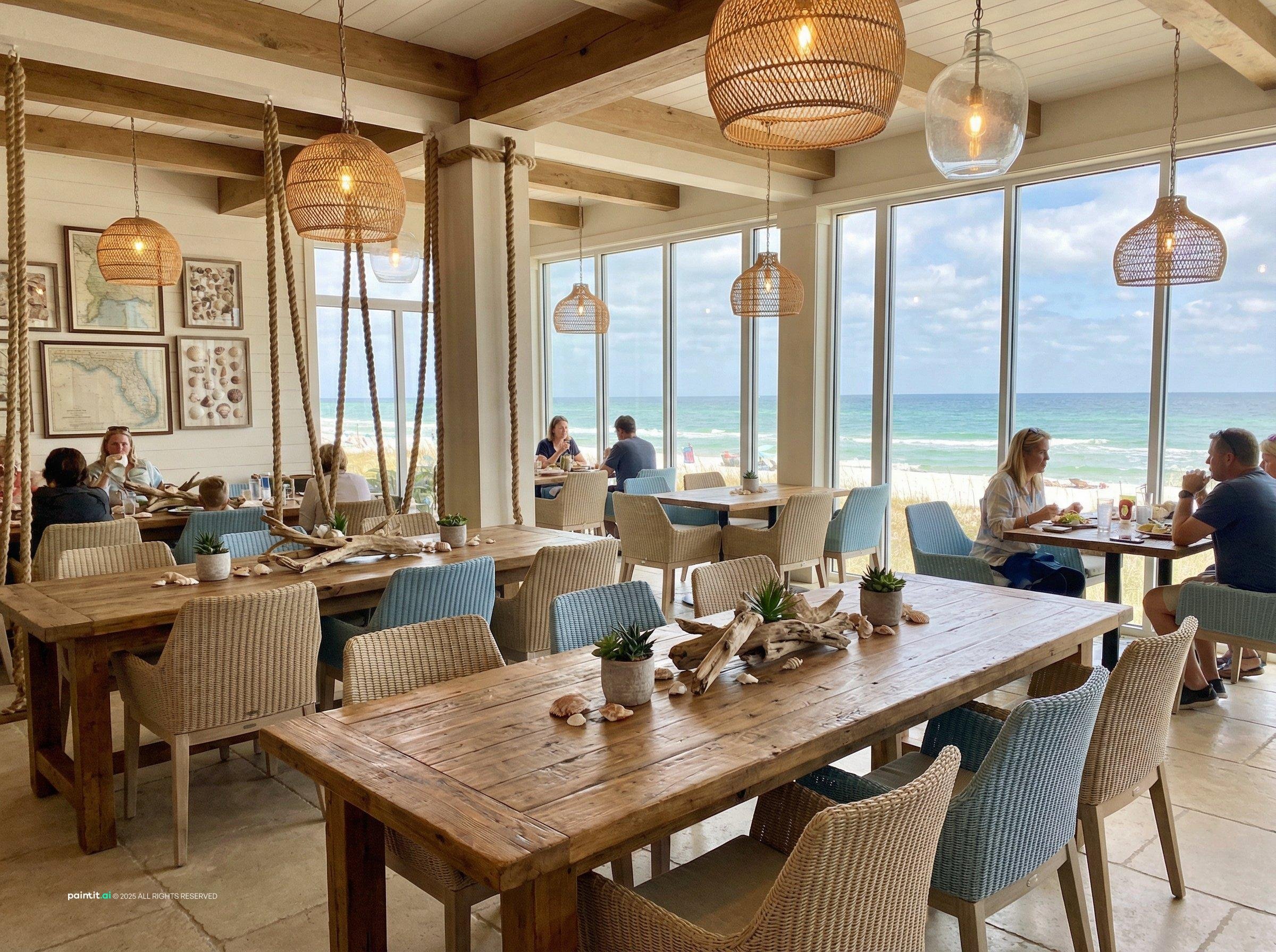 Beachside restaurant with rattan pendant lamps, wooden tables and open windows onto the sea