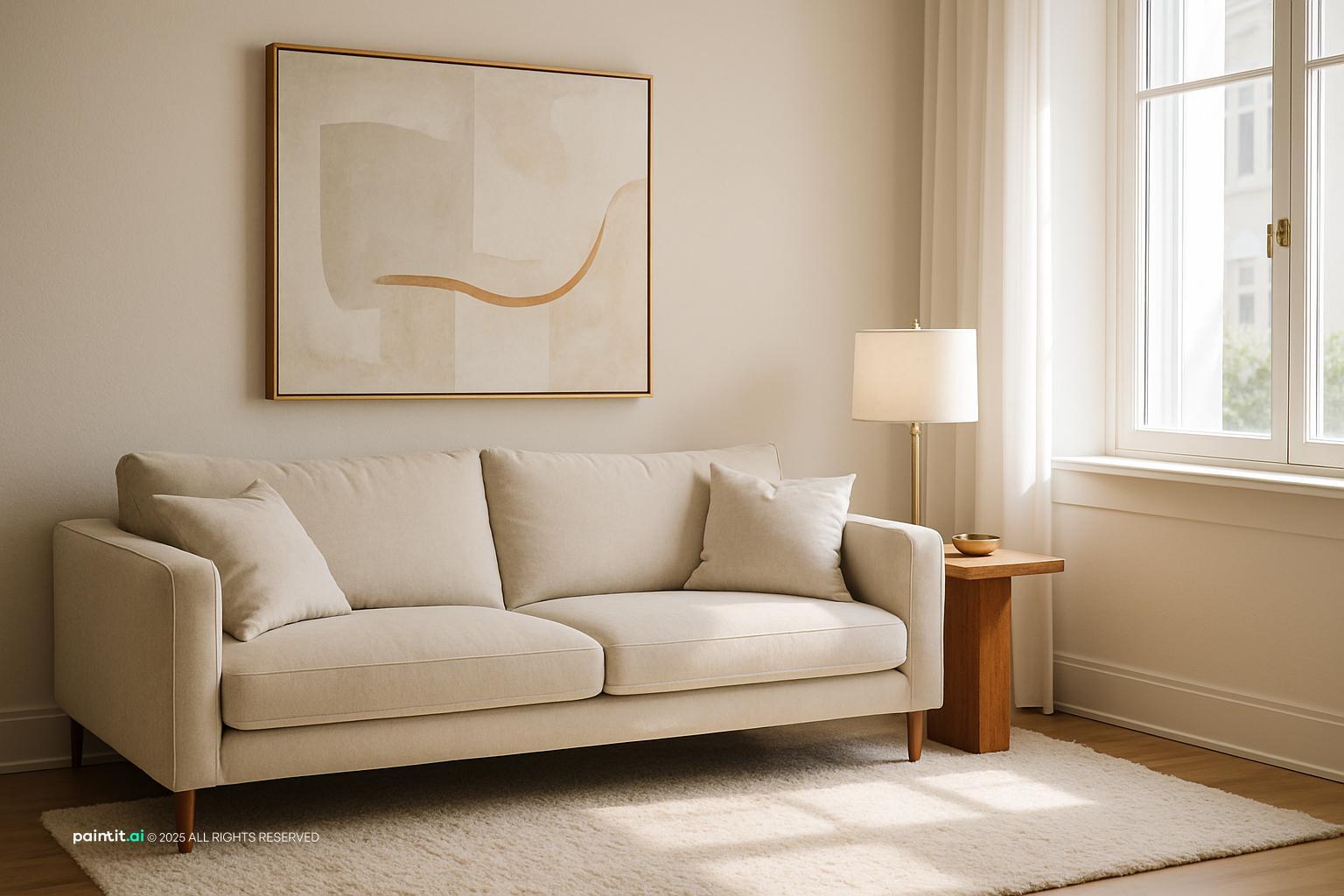 Living room with a large neutral abstract canvas above a cream sofa and a floor lamp