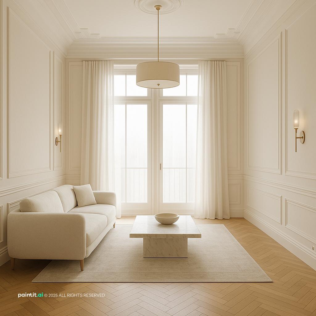 Elegant Neoclassic Minimalist Living Room Design showing clean-lined furniture, layered neutrals, natural light for Living Room Trends 2026.