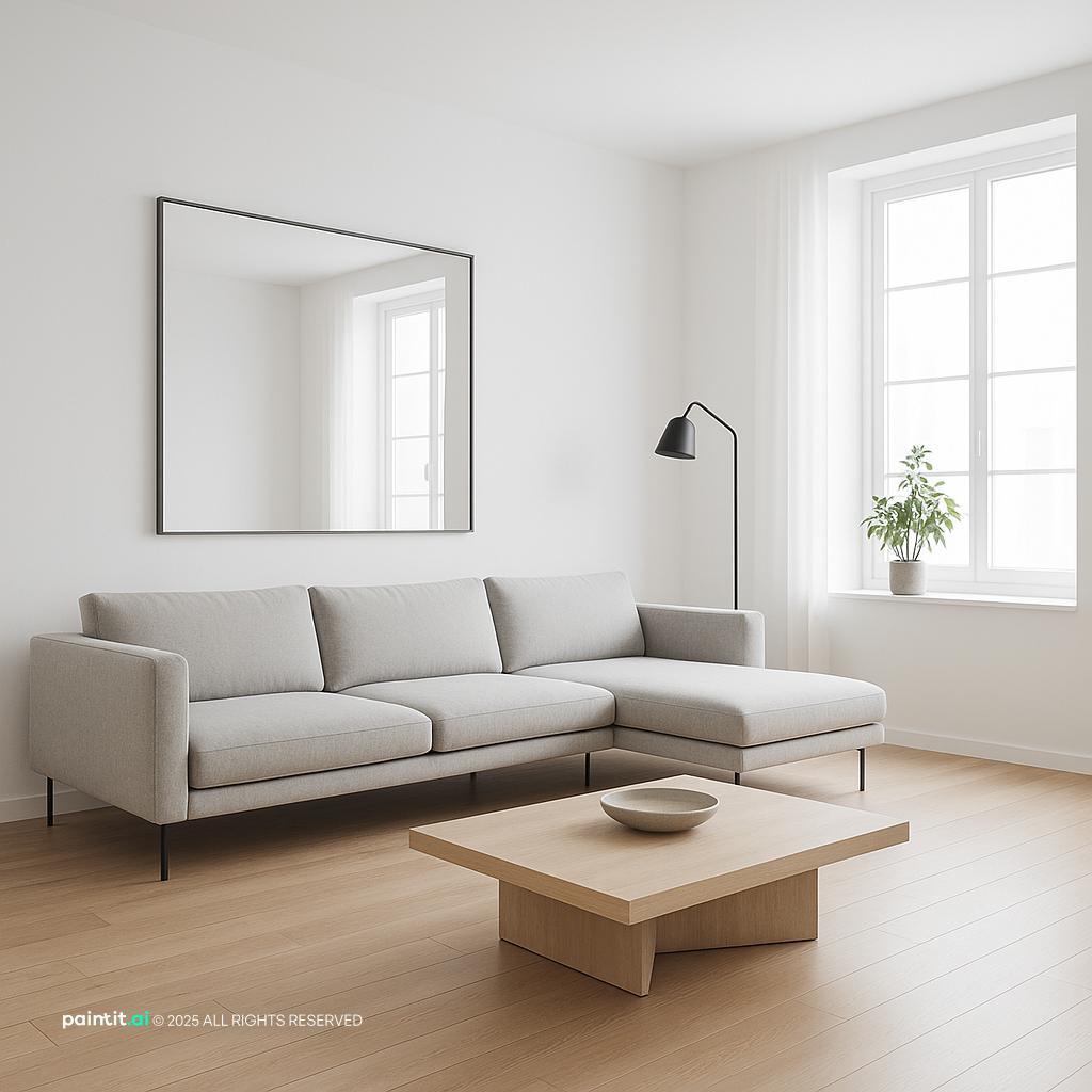 Stunning minimalist very small living room design, emphasizing clean aesthetics, essential furnishings, and a serene, uncluttered environment.