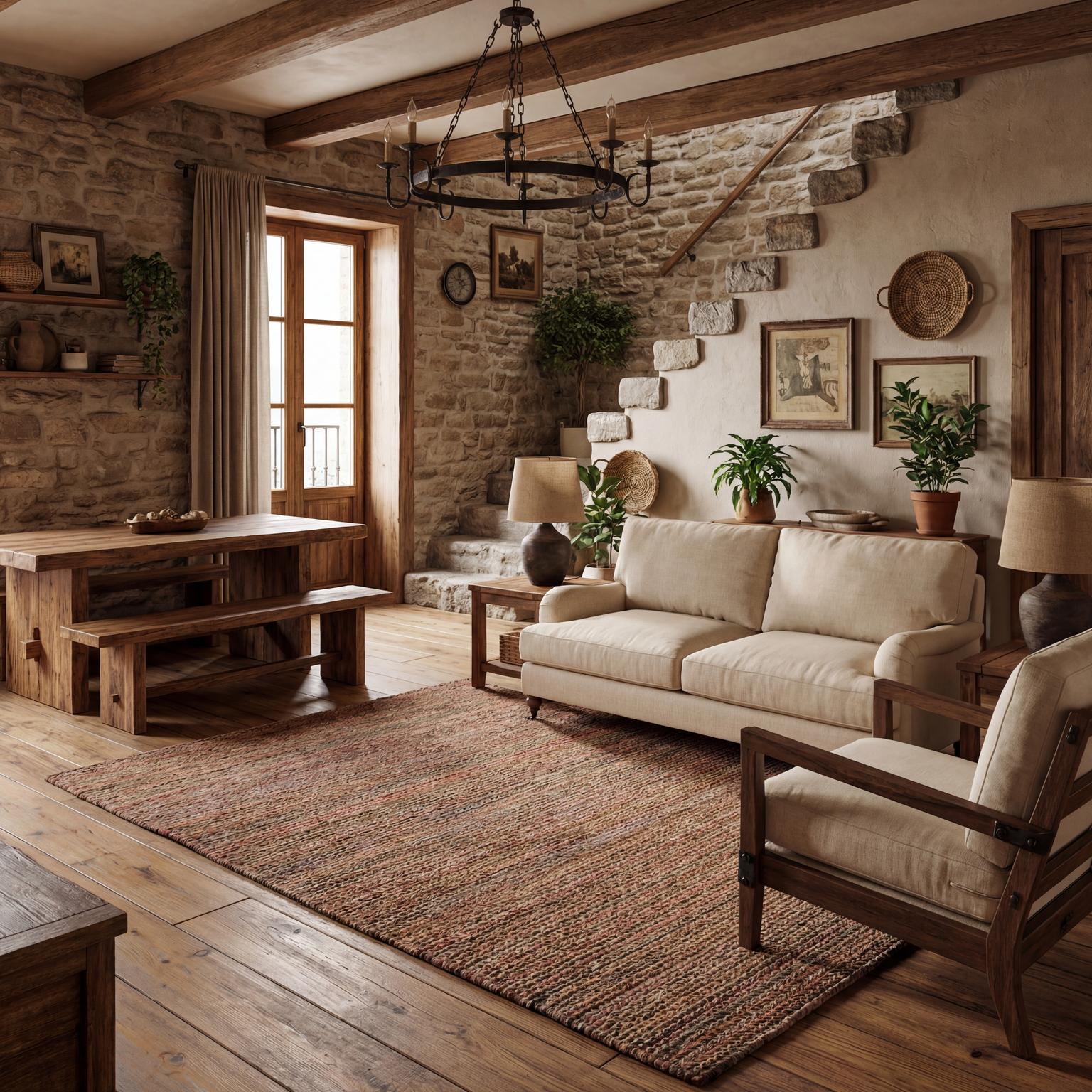 Dark cottagecore living room with rustic wood beams, deep green velvet sofa, antique books, and a stone fireplace, creating a cozy, enchanted retreat.