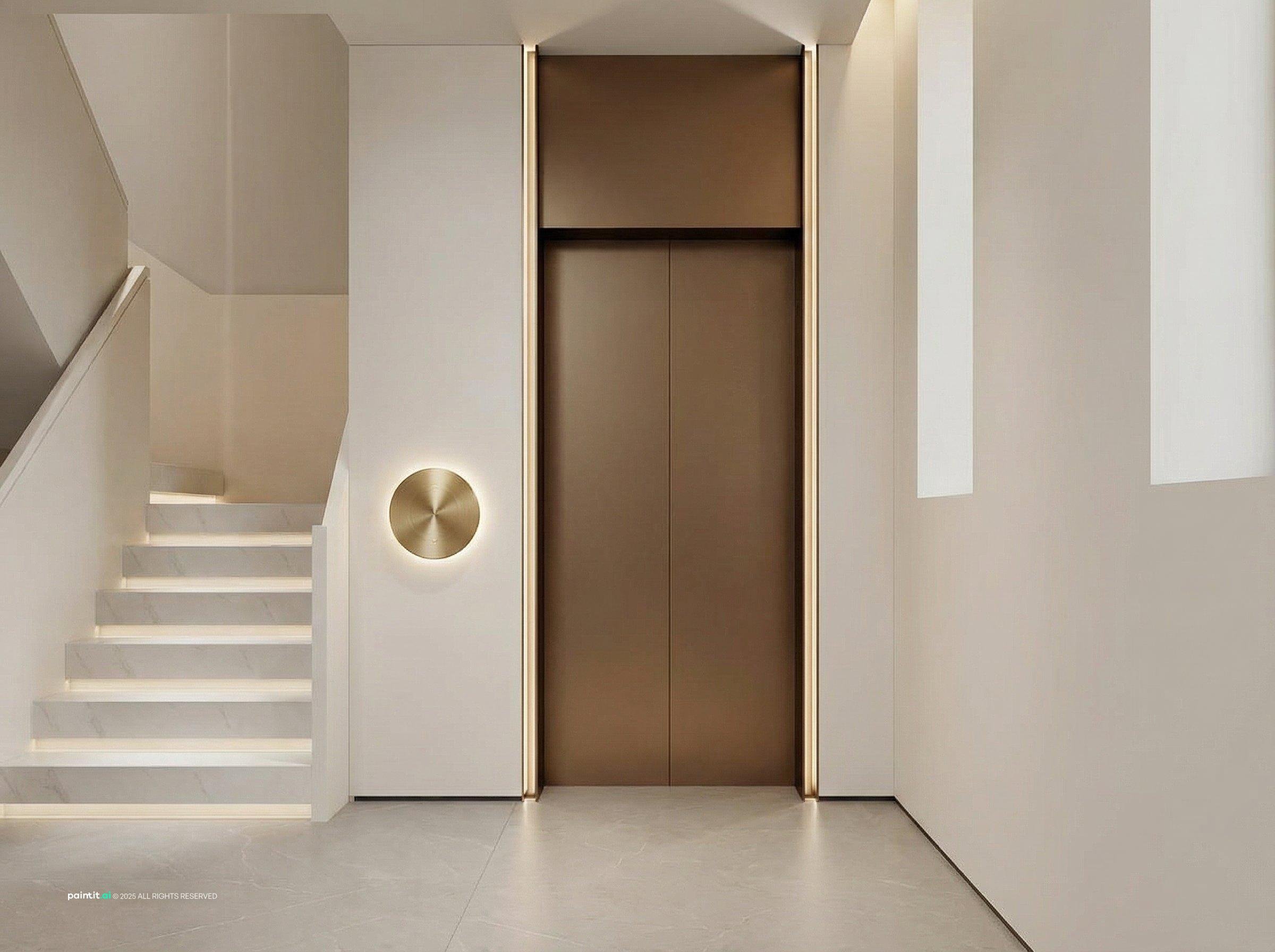 Elevator area with a brass call button panel, warm wall lighting and a white staircase