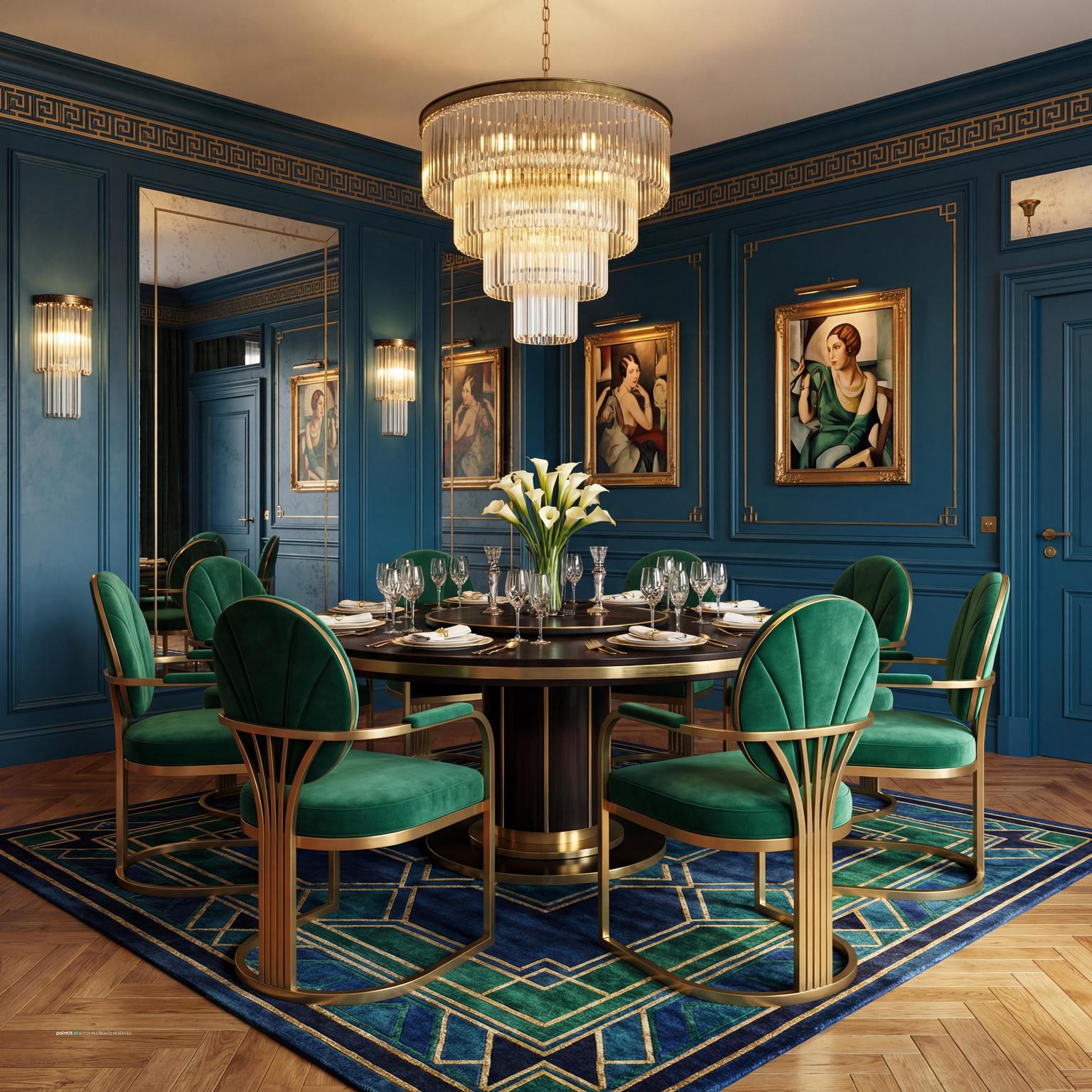 Luxurious Art Deco Dining Room with Velvet Seating for 1920 Interior Design Style