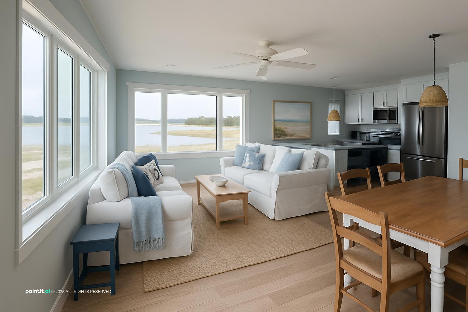Open living and dining area with white sofas, blue accents and a wooden table by large windows