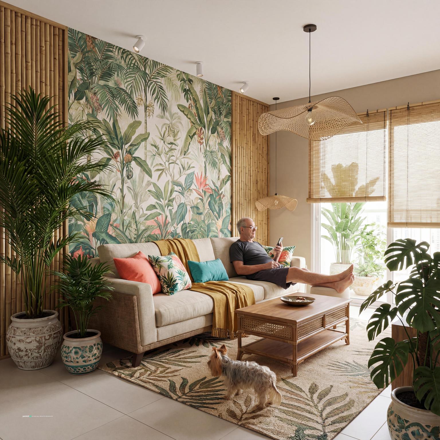 Exotic style interior design visual reference 7: carved wood, plants, and layered textiles
