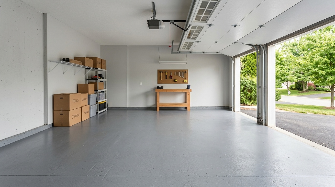 simple single-car storage garage floor painted in a smooth satin gray acrylic finish