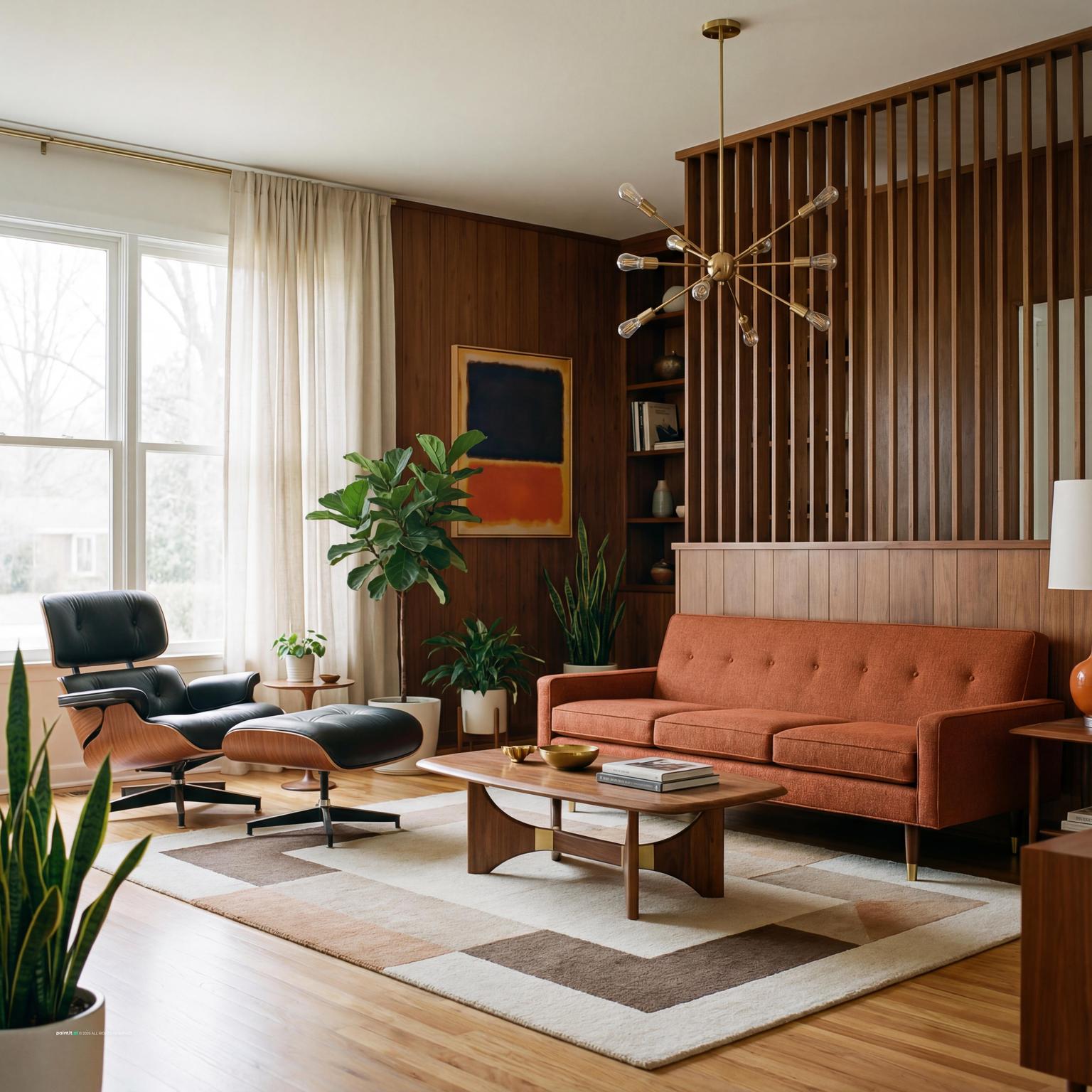Mid-Century Modern living room design, featuring iconic 1960s furniture, vibrant colors, and sleek, minimalist lines.