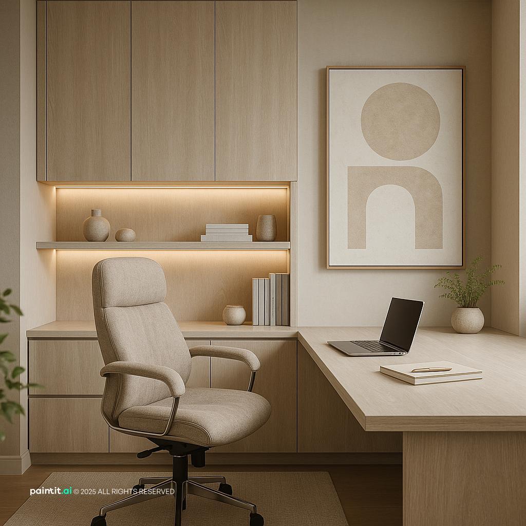 Home office style workspace with soft seating and task lighting