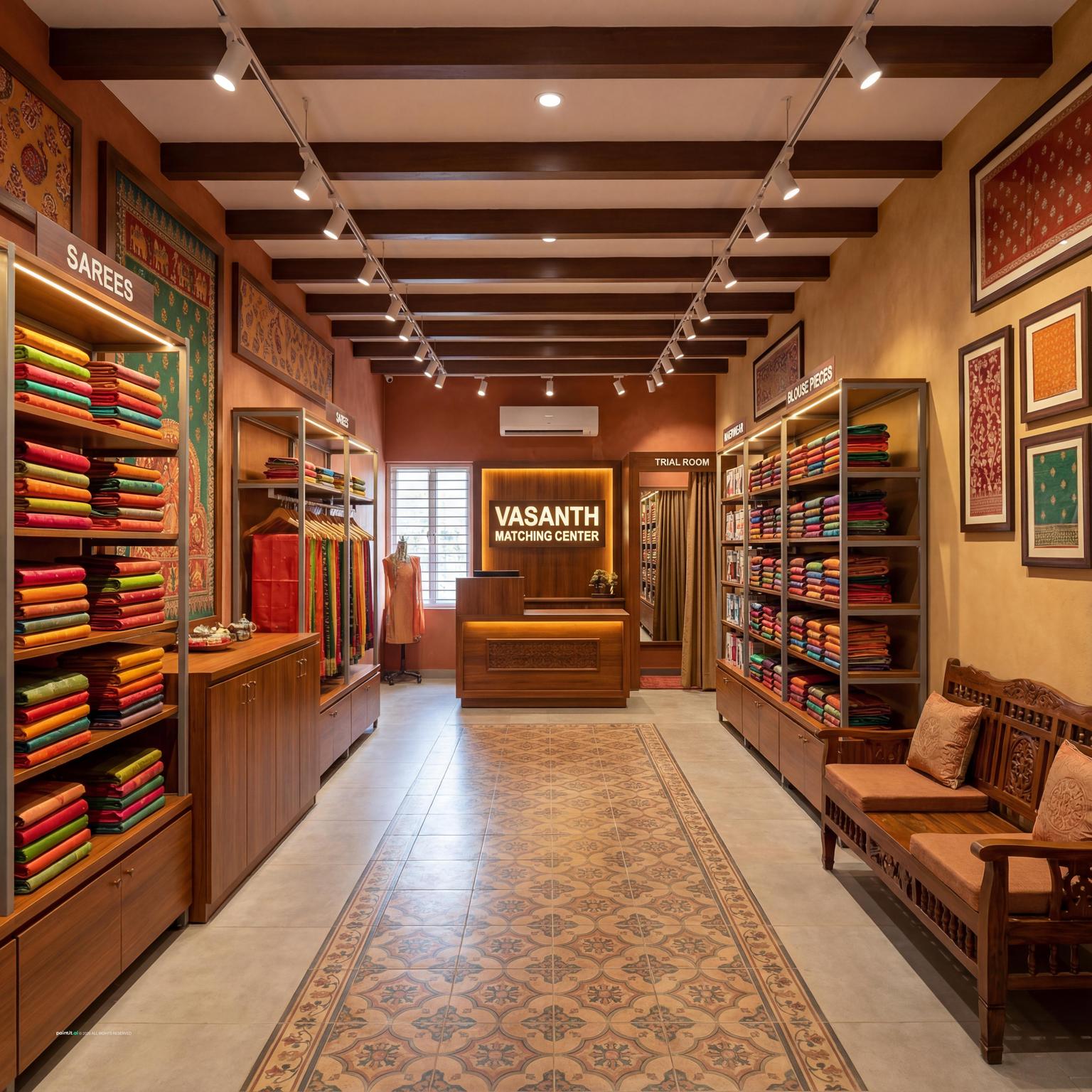 Textile shop display with organized shelving