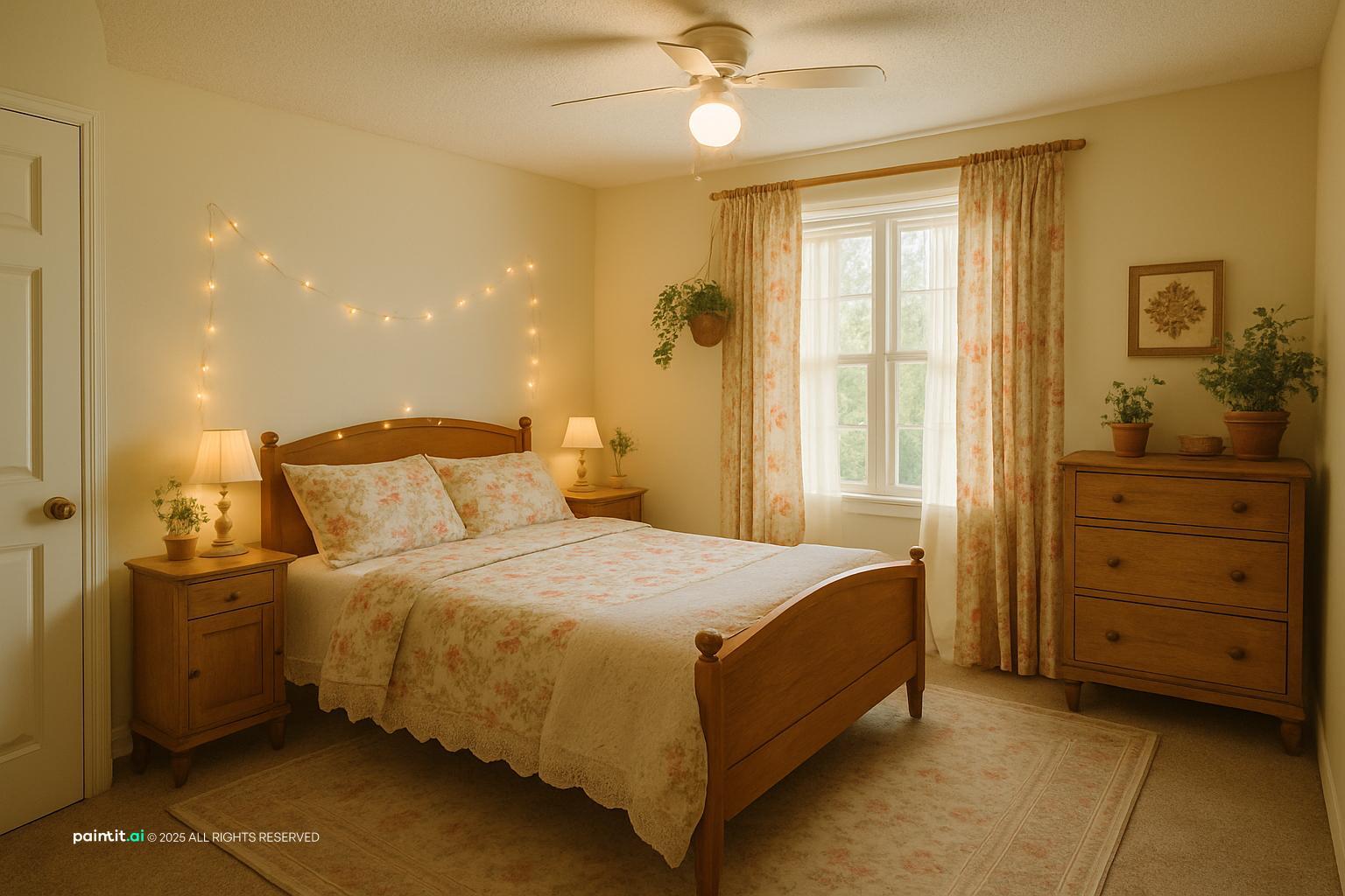 Cottagecore bedroom with a wooden bed, a floral quilt, string lights, floral curtains and a wooden dresser