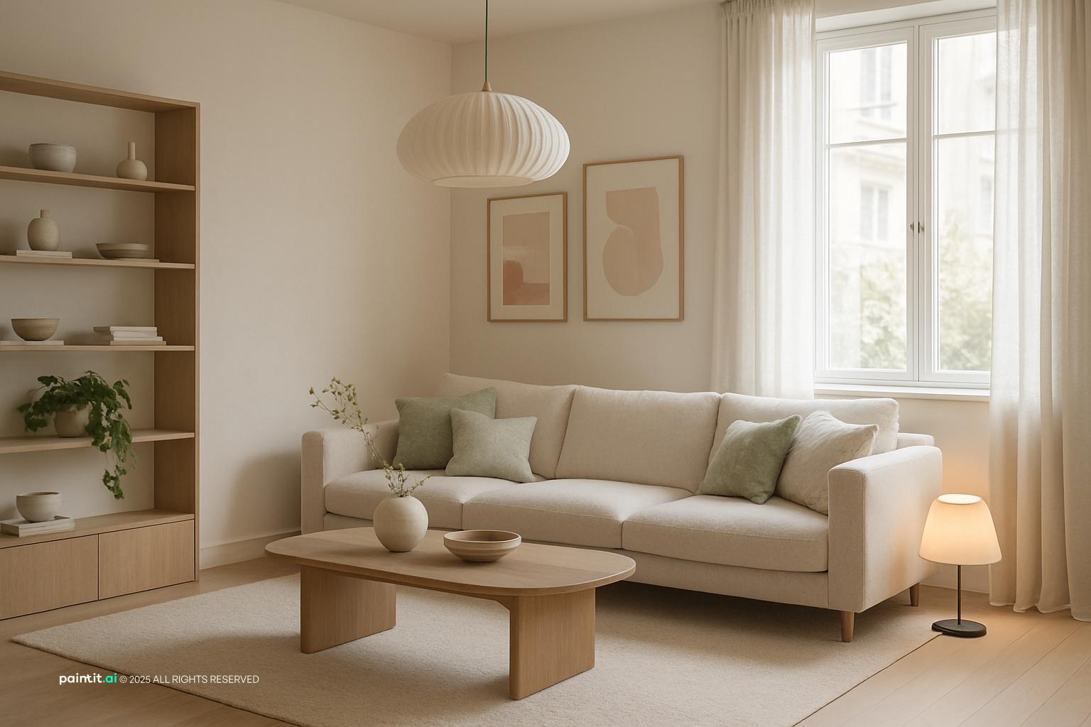 Scandinavian European minimalist room with warm whites and natural wood tones