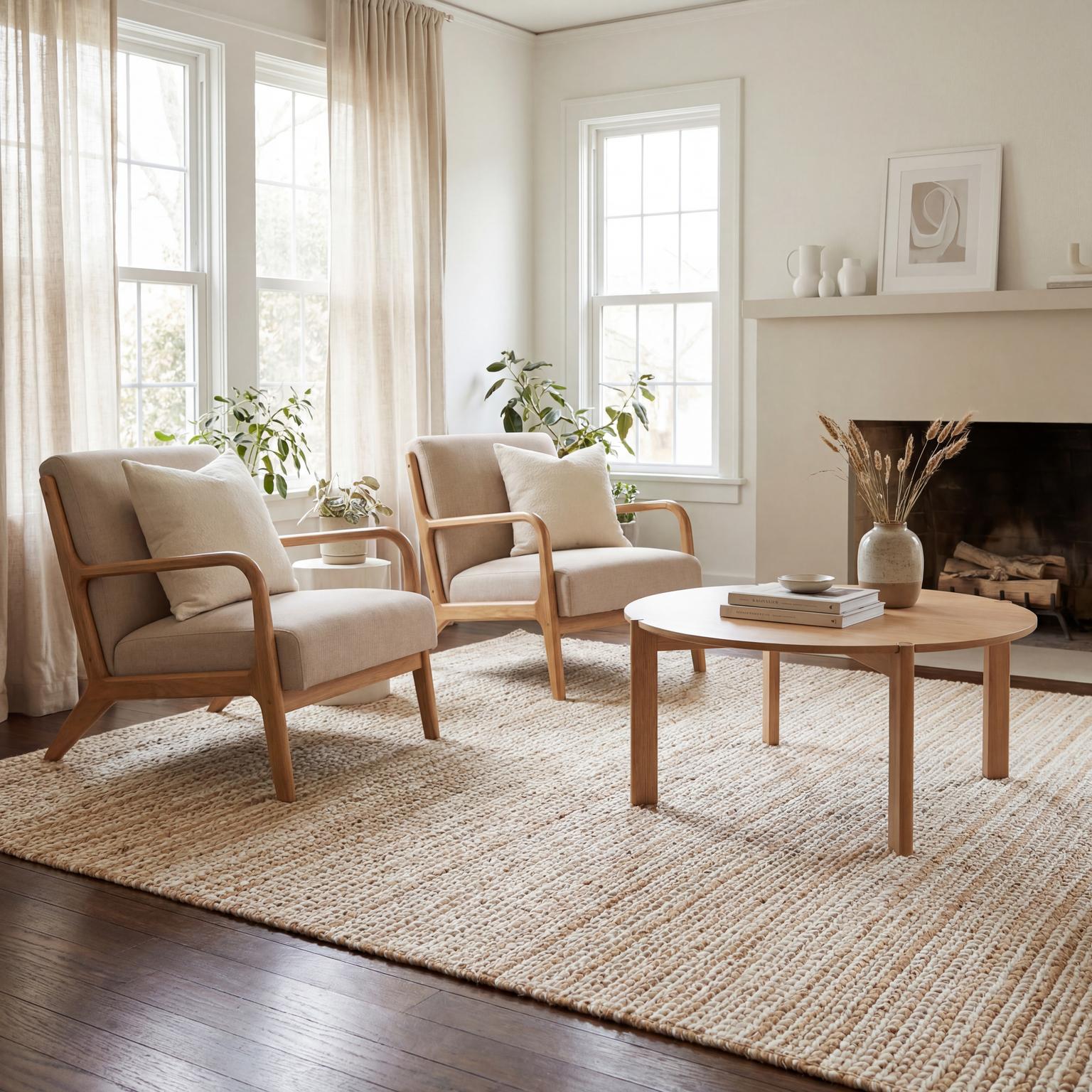 Calm neutral 1980s living room design, featuring soft cream tones, plush wall-to-wall carpeting, and comfortable, understated elegance.