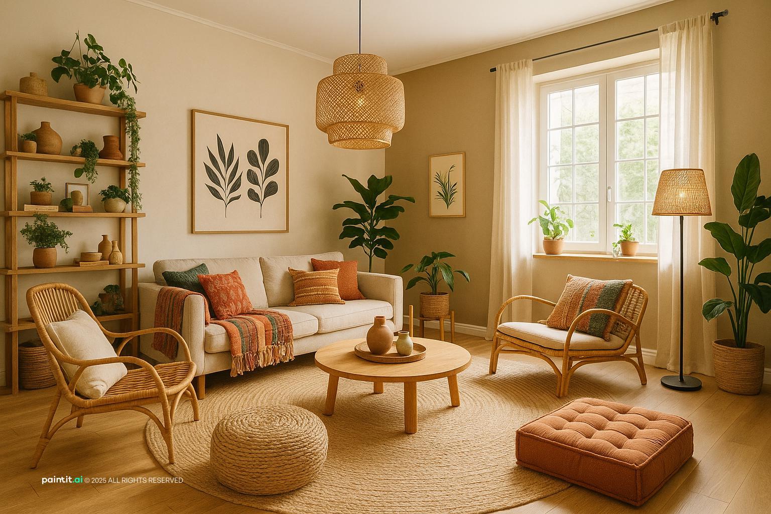 Boho contemporary family living room for a Yemeni home, featuring eclectic seating and natural textures.
