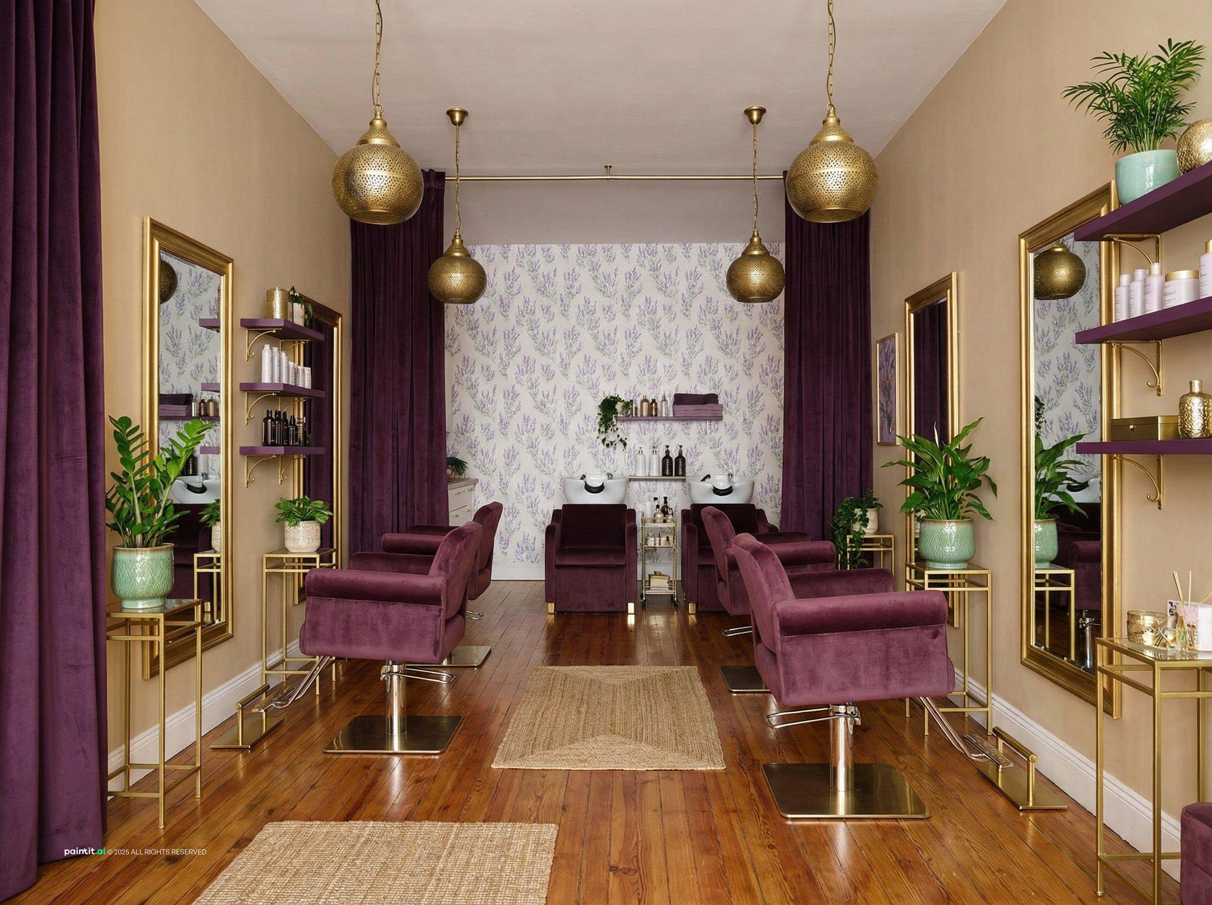 Hair salon with plum velvet styling chairs, gold-framed mirrors, purple curtains and brass pendant lights