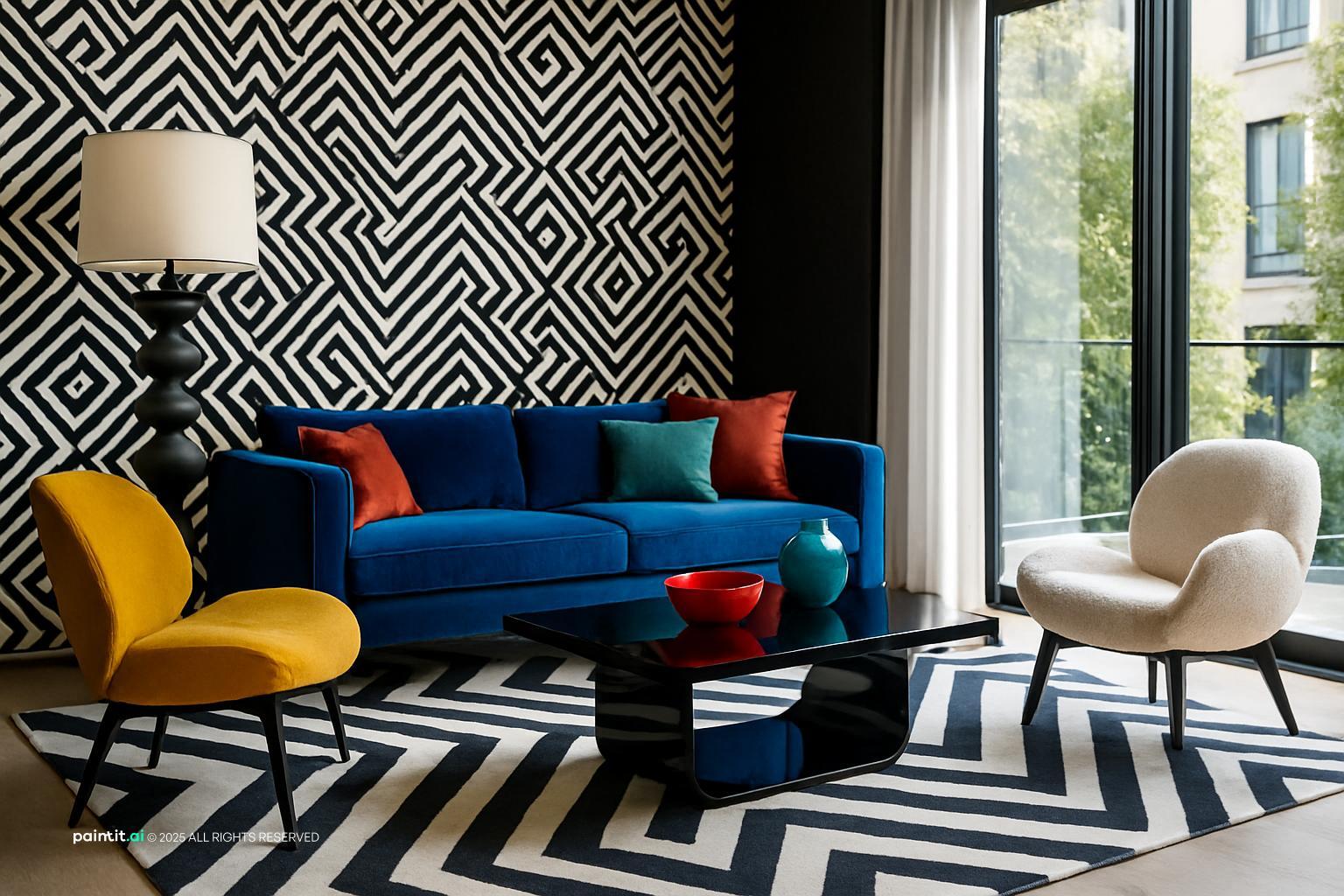 Living room with a black and white zigzag wall and rug, a navy sofa and a bright yellow armchair