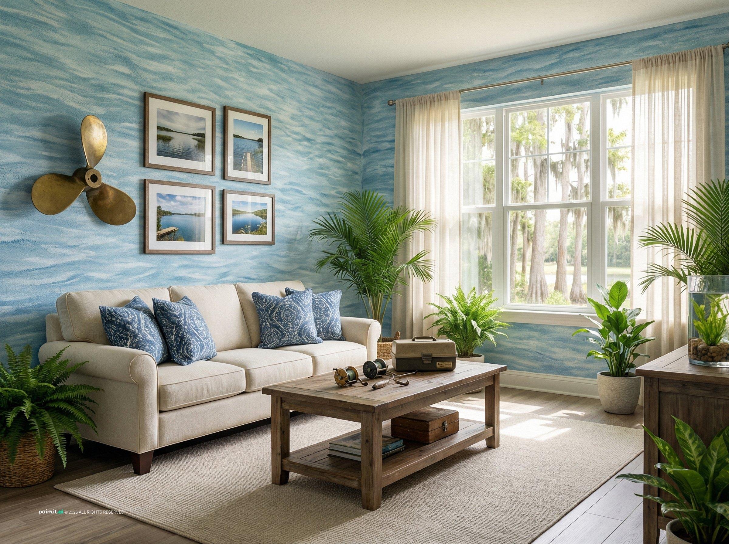 Florida room with soft blue walls, a light sofa, framed lake prints and tropical plants