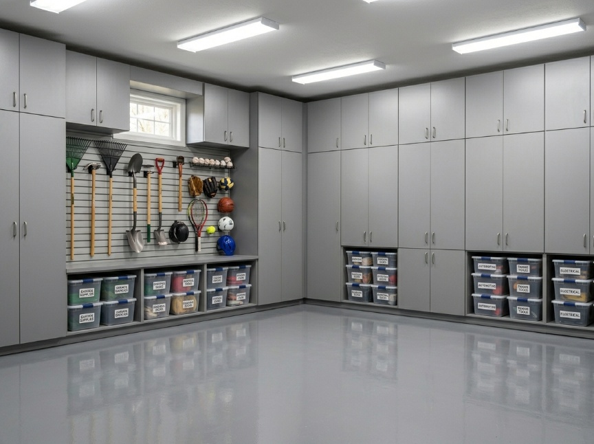 Hyper-organized storage garage with floor-to-ceiling gray cabinets,  epoxy floor, slatwall tool organization, and labeled clear storage bins