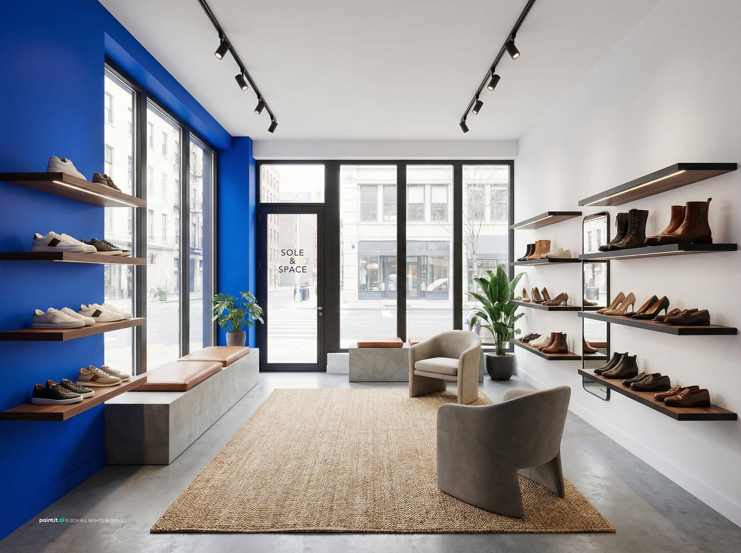 Small shoe showroom with blue walls, wall shelves and a seating area