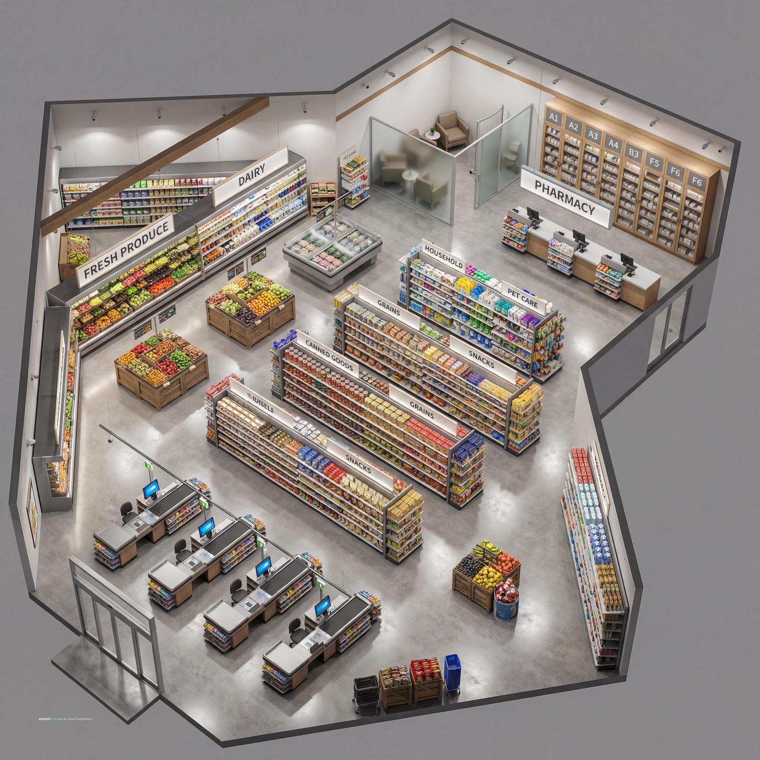 Supermarket-style small product display aisles