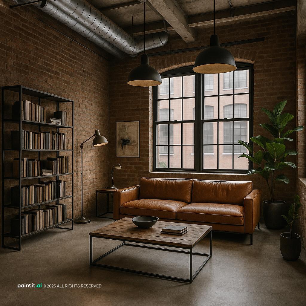 Industrial living space with exposed brick and leather seating