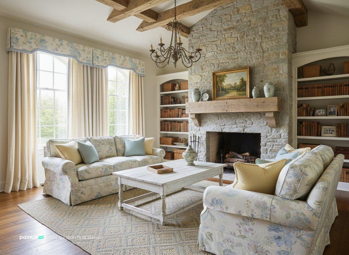 French country living room with a stone fireplace, floral curtains and valances, floral sofas and a white coffee table