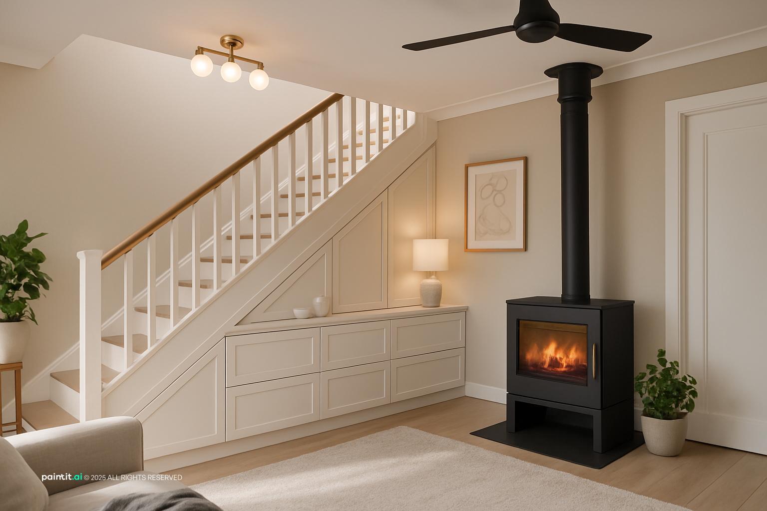 Neutral room with white stair storage, a black wood stove, a cream armchair and a ceiling fan