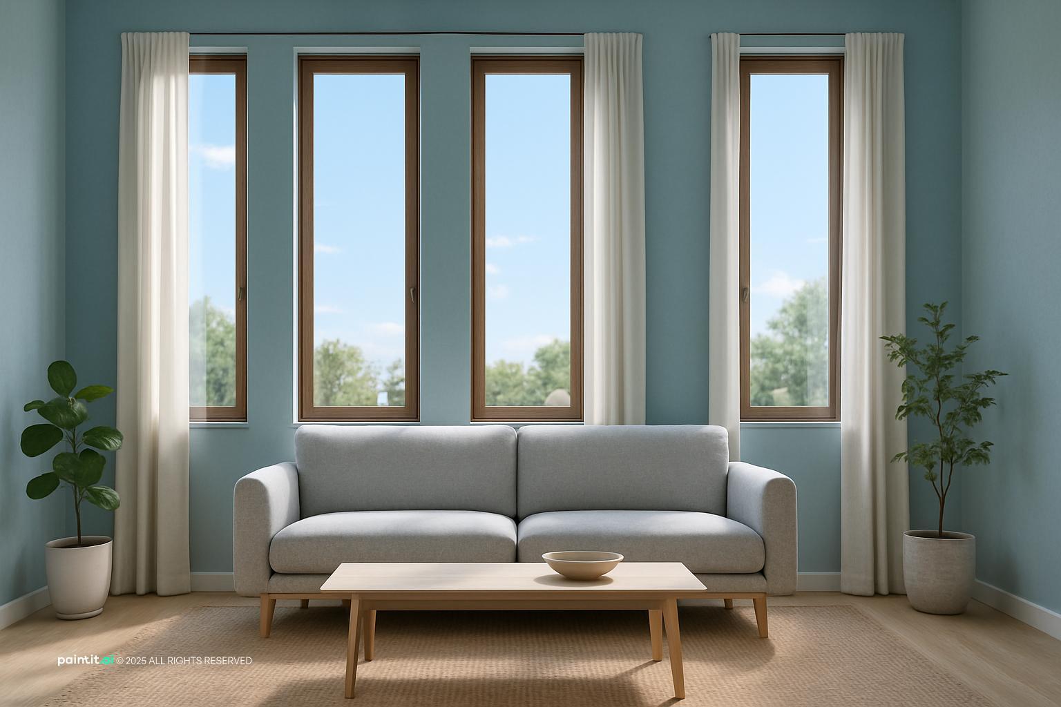 Serene Celeste Blue Minimalist Living Room with wood and rug and a calm living room atmosphere.