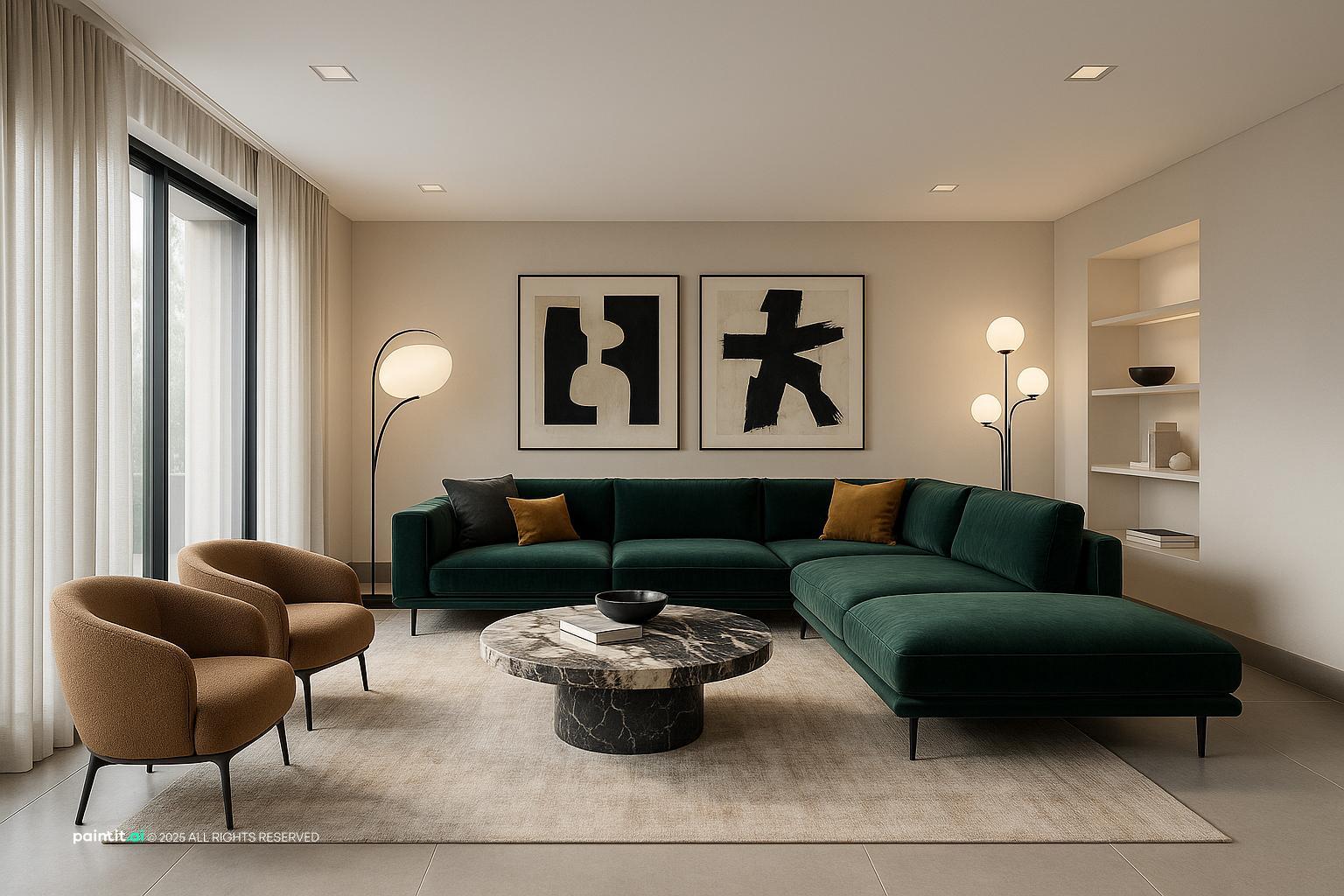 Neutral living room with a bottle-green sectional, cognac armchairs and a dark marble coffee table