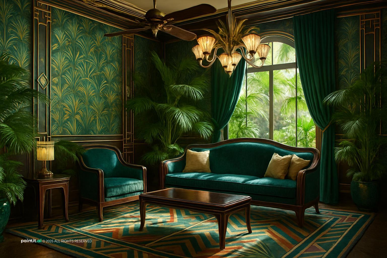 Tropical Art Deco interior with palms, dark teal seating, and vintage glamour