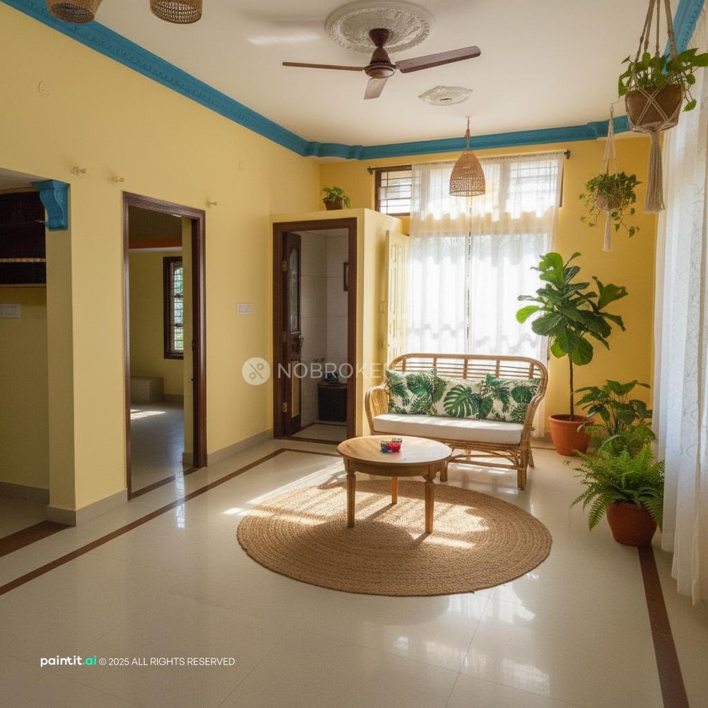 Living room with yellow walls, a brown floor, a small sofa by the window and plants