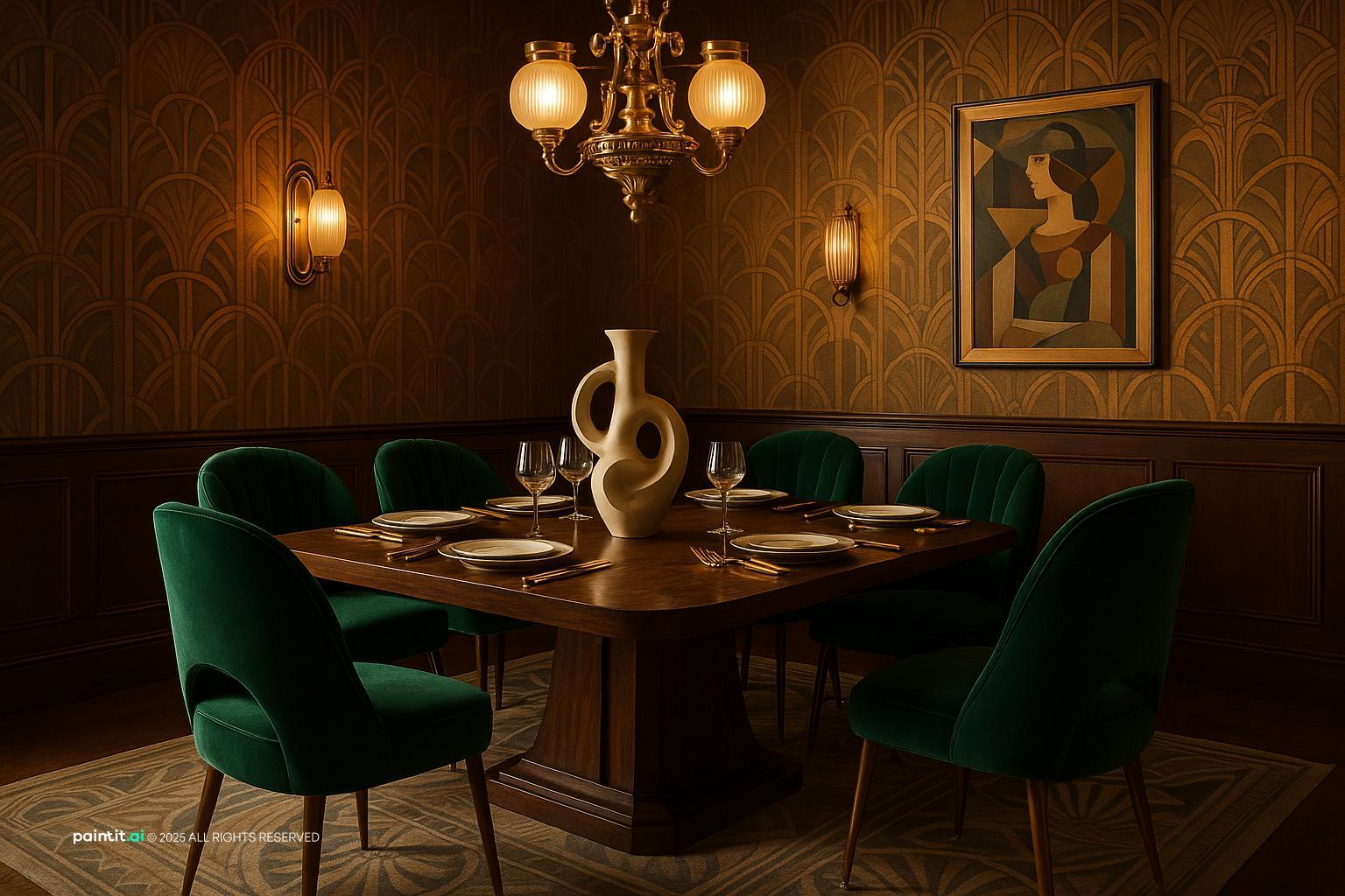 1930s Art Deco Dining Room with Statement Lighting for 1930s Interior Design Style
