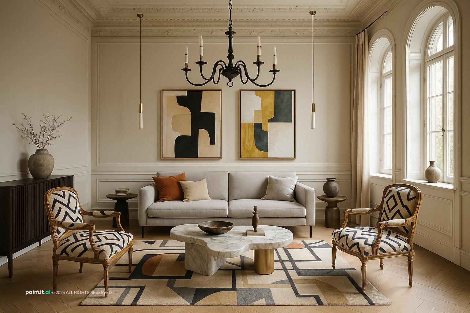 Opulent neoclassic wine red living room with contemporary elements, balanced opulence and modern simplicity.