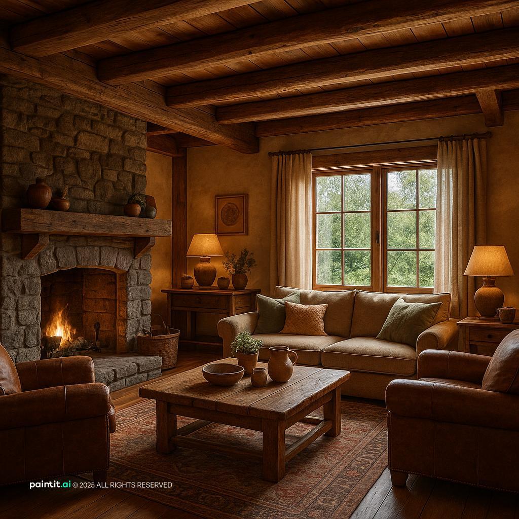 Charming Rustic Living Room Design showing fireplace focal point, soft textiles, natural light for Small Living Room With Fireplace.