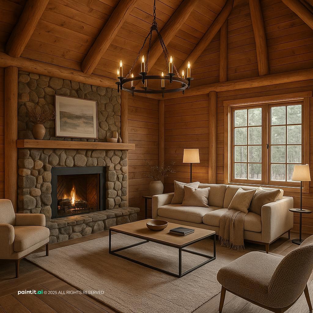 Rustic living room with timber walls, a stone fireplace, beige sofas and a wooden coffee table