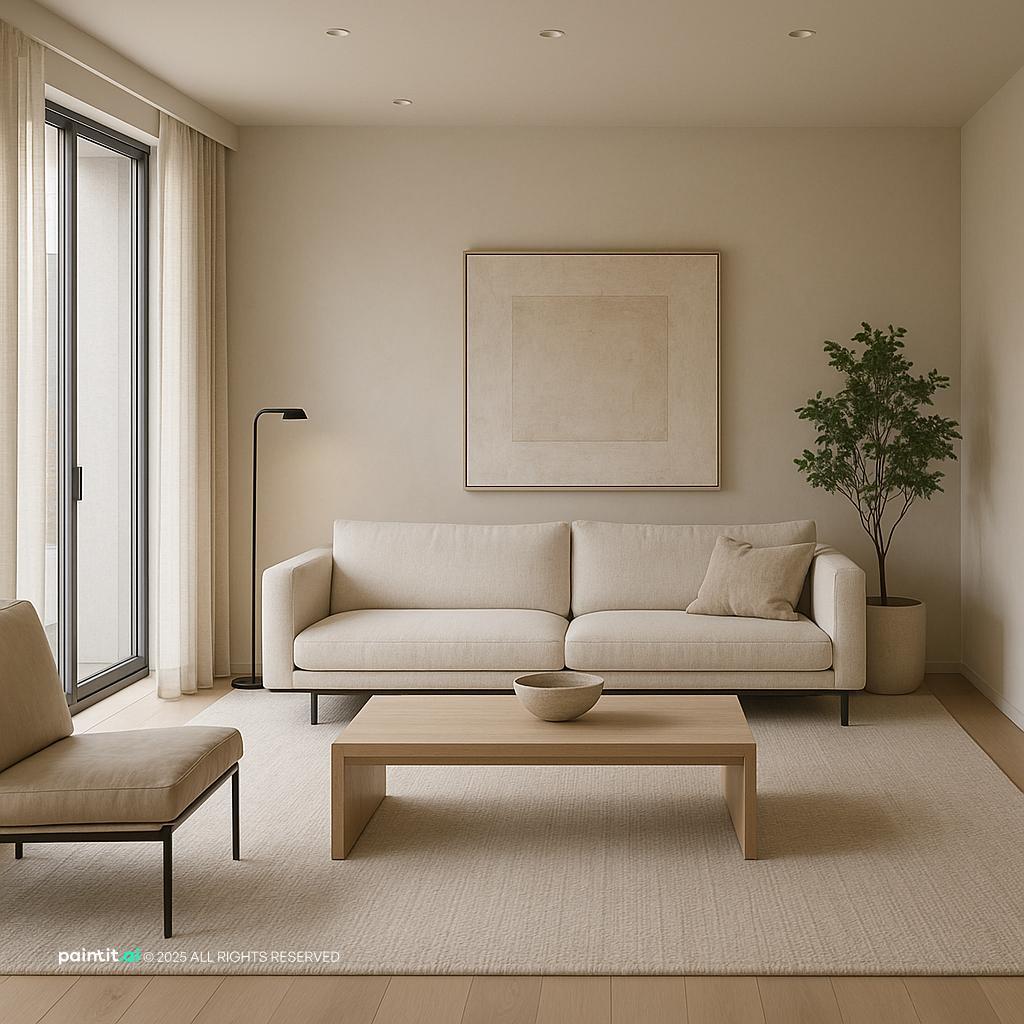 Serene minimalist light yellow living room design, offering a calming and uncluttered space for relaxation.