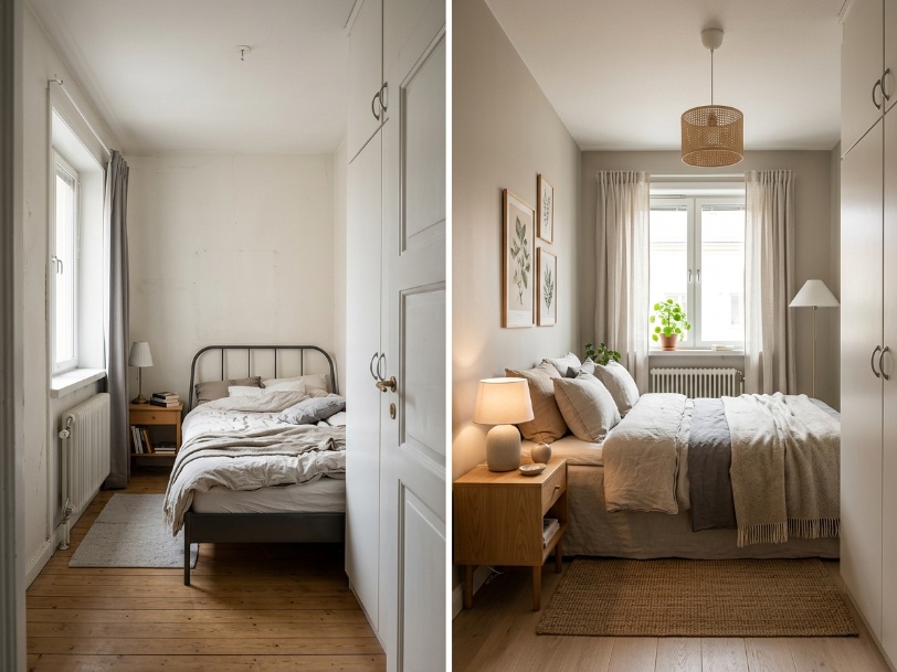 Small bedroom before and after an AI-assisted redesign with the window, wardrobe, and door position preserved.