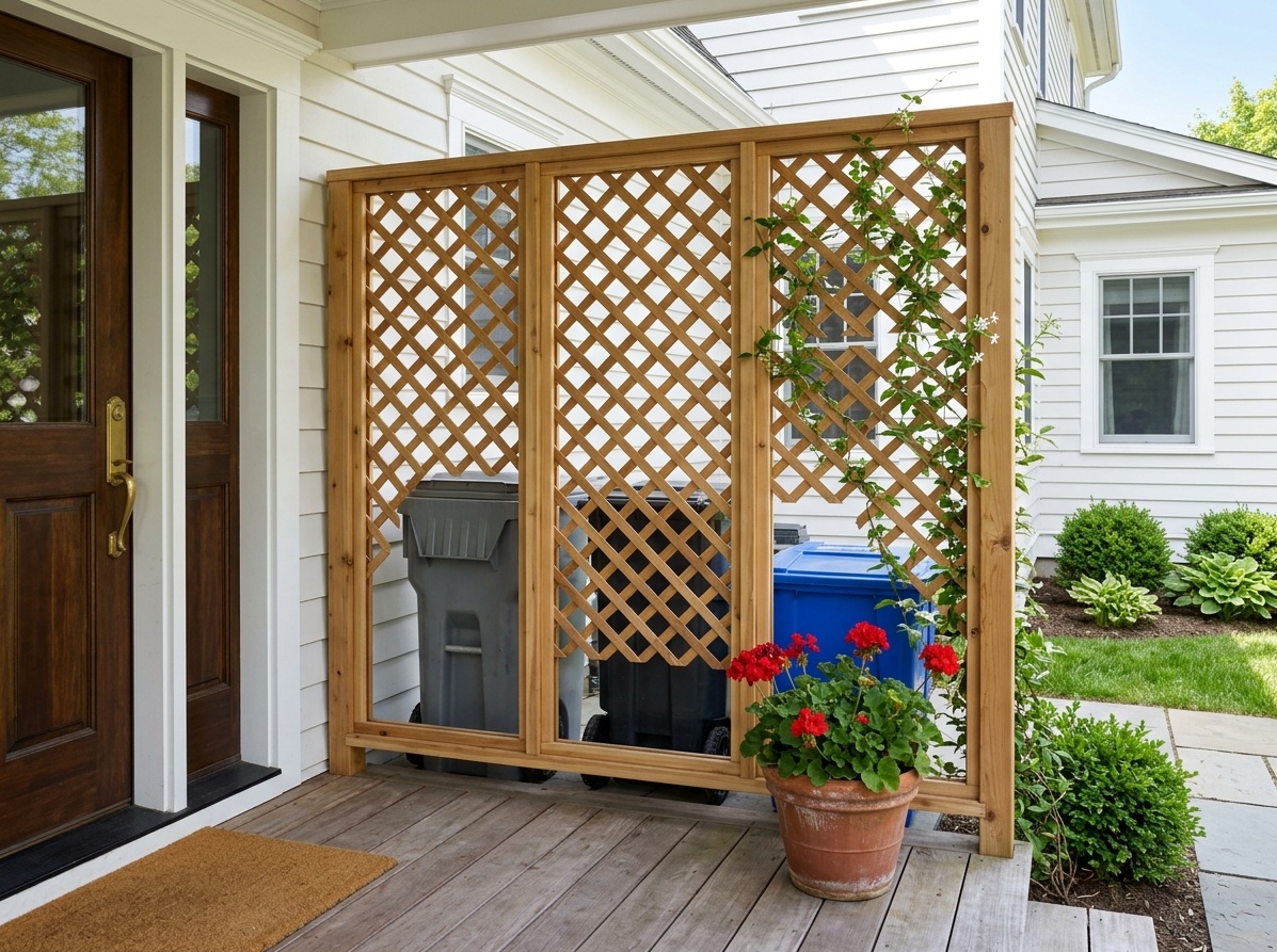 Front porch side entry with cedar lattice privacy screen  concealing utility bins, with climbing jasmine and a potted plant