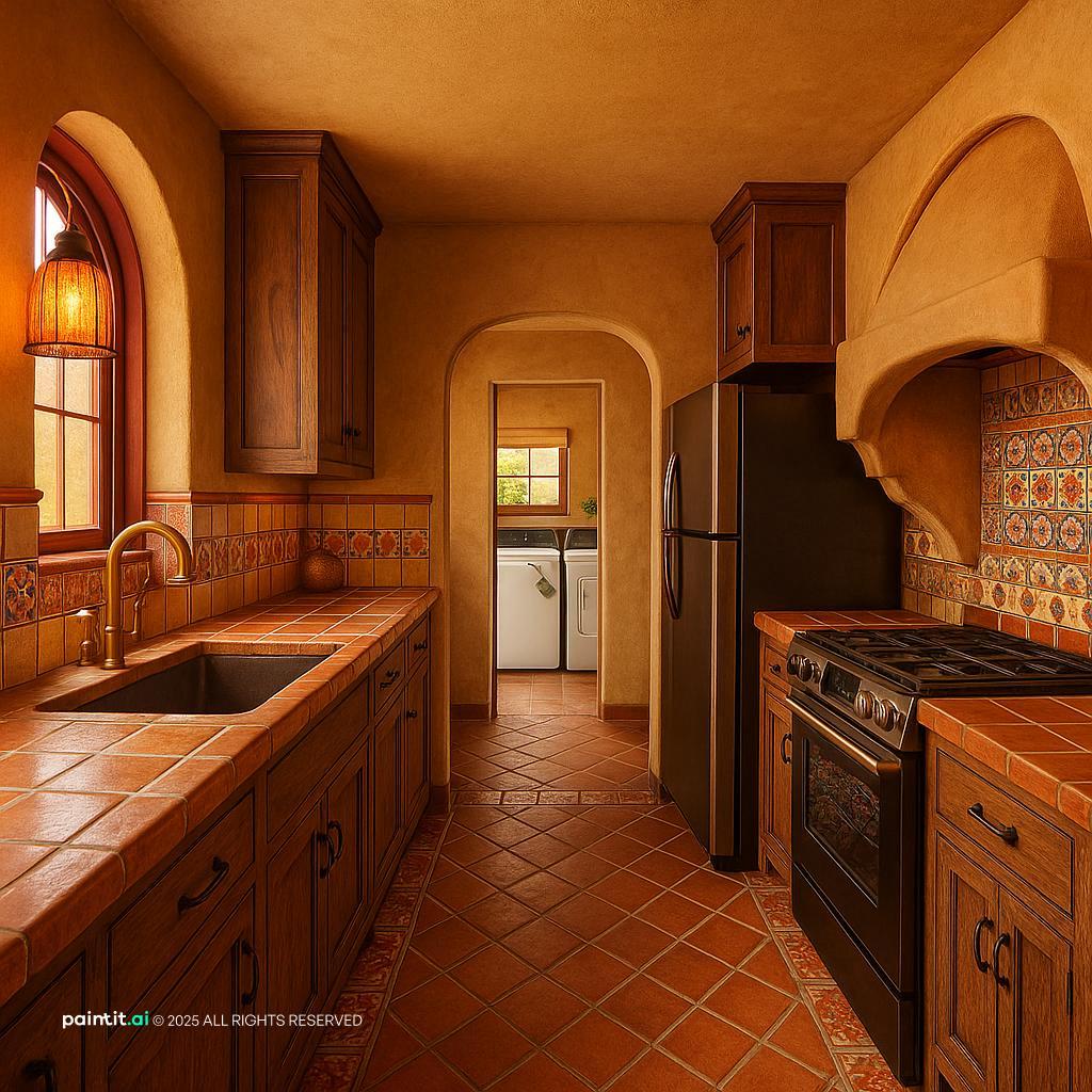 Spanish Revival kitchen with terracotta tile, arched openings, wooden cabinets and a tiled range hood