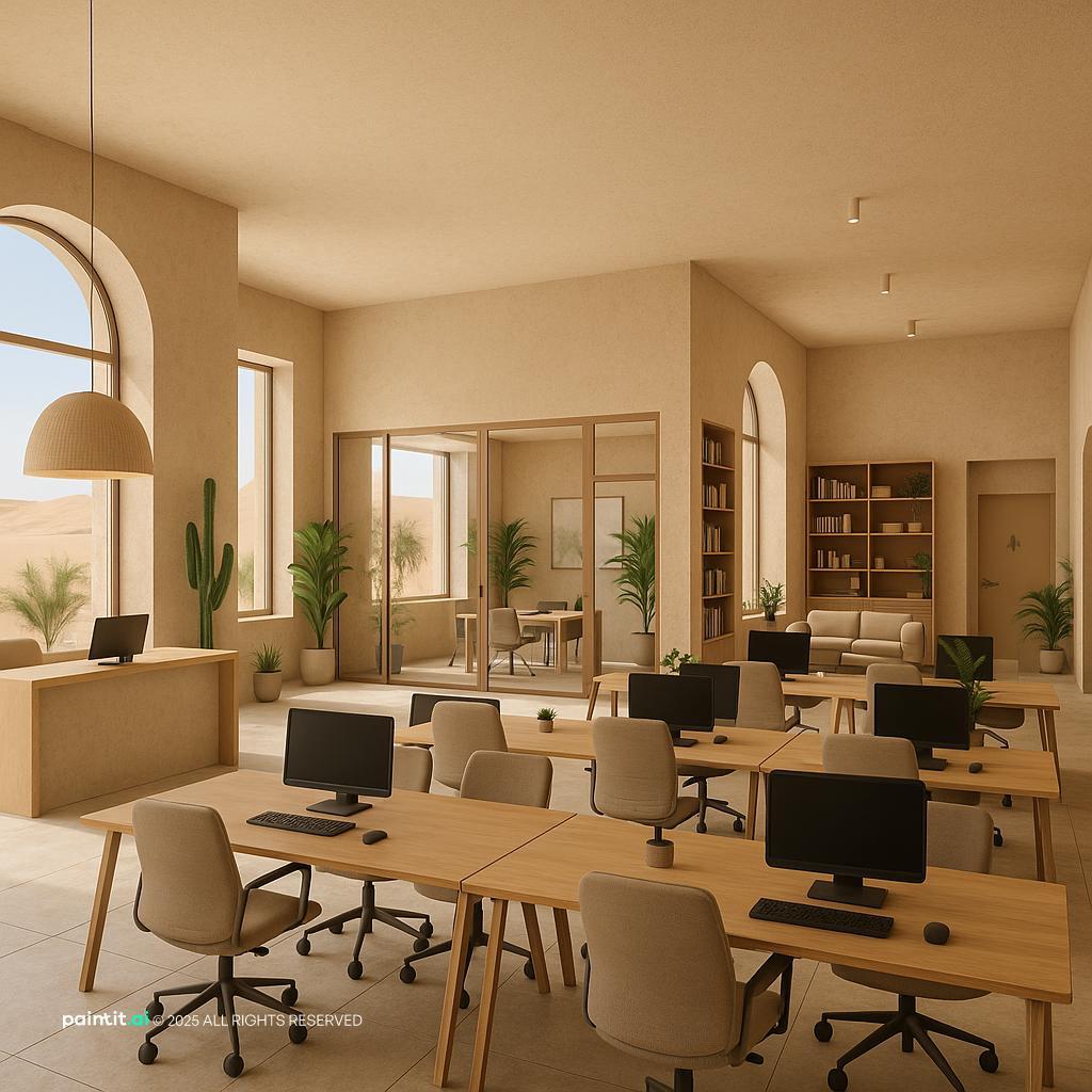 Co-working office with shared desks and meeting zones