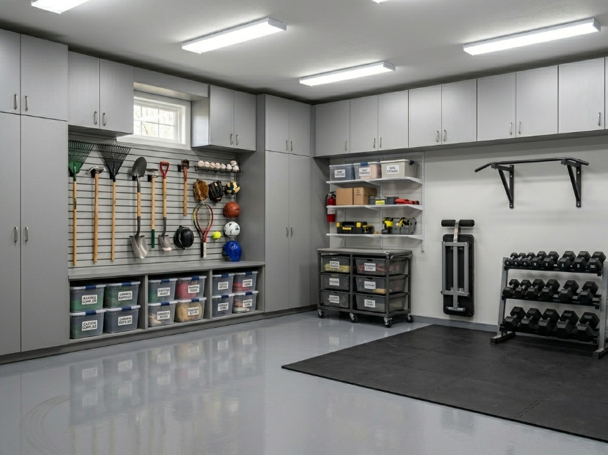 Multi-use garage divided into three zones &mdash; parking with epoxy floor,  storage with wall shelving, and home gym with rubber tiles and dumbbells