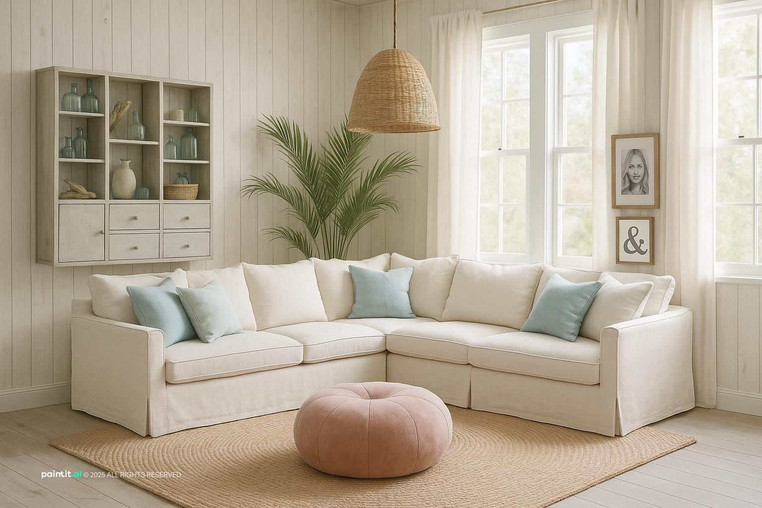 Coastal farmhouse living room with a white sectional, light blue cushions and a woven pendant