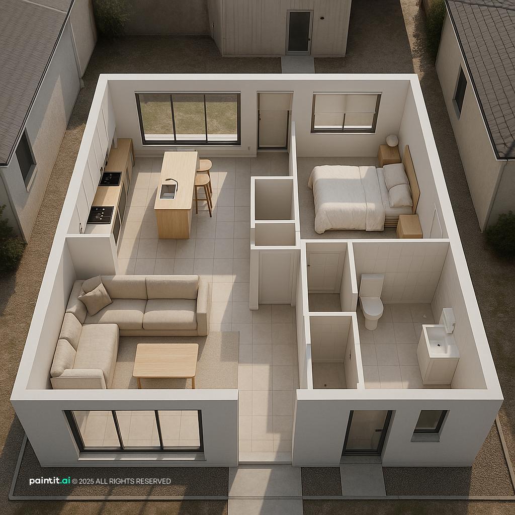 Modern Single-Floor House Design with windows and open and a calm living room atmosphere.