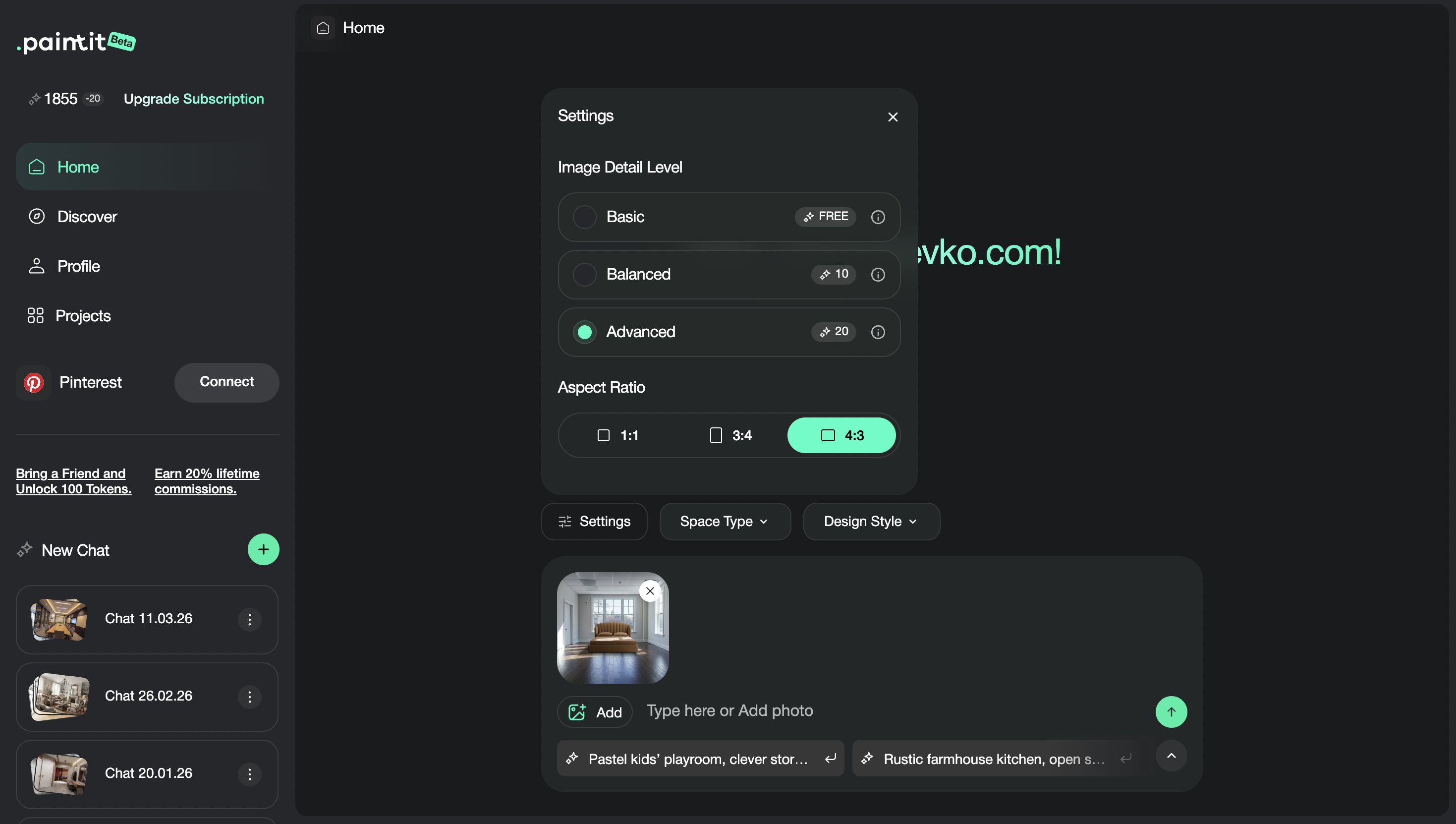 Paintit.ai settings modal with image detail levels and aspect ratio options